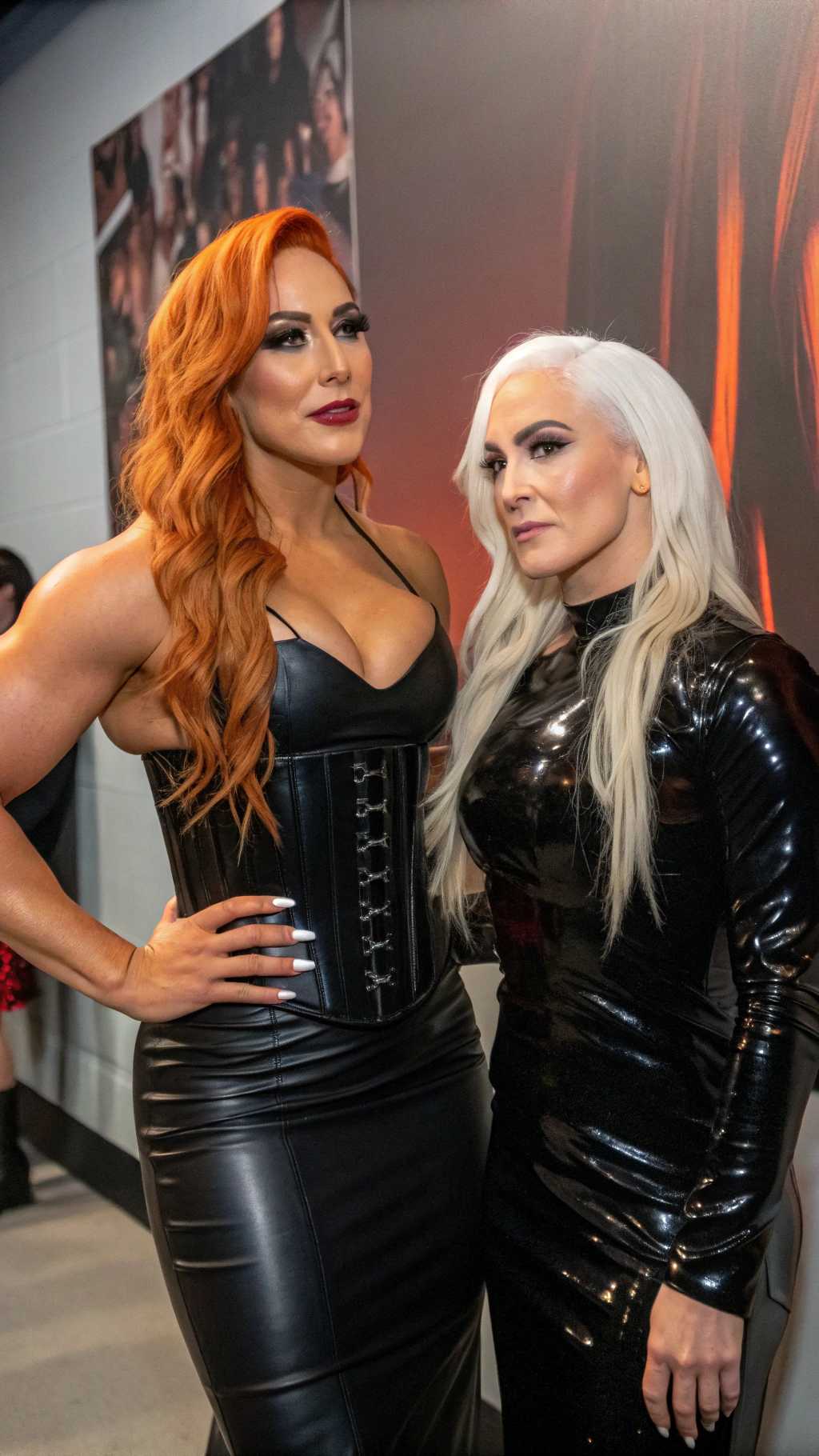 A breathtaking portrait of wrestler Becky Lynch and a striking white-haired woman, embodying dark elegance and contrasting allure, captured in a hyper-realistic digital painting style with meticulous attention to detail. Becky Lynch stands as the central figure, radiating raw power and sophistication in a shiny black latex evening gown, paired with a tight black latex corset that accentuates her powerful form and ample cleavage, the glossy, reflective surface catching the light with a bold, edgy sheen. Her short, spiky black hair shines under the warm, golden glow of opulent ballroom chandeliers, framing her piercing blue eyes that burn with an intense, commanding gaze. Her gothic makeup is striking—heavy dark eyeshadow with smoky, smudged edges, glossy black lipstick contrasting her pale, porcelain skin, and long, glossy black nails adding a sharp, menacing edge. Lavish emerald and gold jewelry adorns her form—intricate bracelets on her wrists, a tight choker necklace hugging her throat, ornate rings glinting on her fingers, and dangling earrings shimmering with every subtle movement, each detail rendered with exquisite precision and hyper-realistic texture.

Beside her, a shorter white-haired woman exudes a contrasting yet complementary allure, dressed in a shiny blue latex corseted evening gown, the material clinging to her form with a reflective, almost liquid-like texture, emphasizing every curve with a futuristic, otherworldly sheen. Her vivid ruby jewelry—necklace, earrings, and rings—glints like fire under the ambient light, perfectly matching her blood-red painted lips and claw-like nails, which add a dangerous, predatory charm, each detail meticulously highlighted with stunning clarity and depth.

The scene unfolds in a luxurious ballroom of timeless grandeur, with ornate golden chandeliers casting a warm, ambient glow across the space, creating soft highlights and subtle shadows. Polished marble floors reflect delicate glimmers of light, producing a mirror-like effect beneath their feet, while rich crimson velvet drapes frame the background, adding regal depth and theatrical drama to the composition. The layout is masterfully crafted, with Becky Lynch as the dominant central figure, captured from a slight low angle to emphasize her towering, powerful presence, her posture commanding and unyielding. The white-haired woman stands slightly to the side, her elegant yet submissive posture creating a balanced, dynamic duo that draws the eye, their positioning highlighting their contrasting energies in a harmonious yet striking frame.

The mood is one of dark opulence and cinematic intensity, set during the late evening under the golden glow of the ballroom, with an atmosphere of mystery and allure perme
