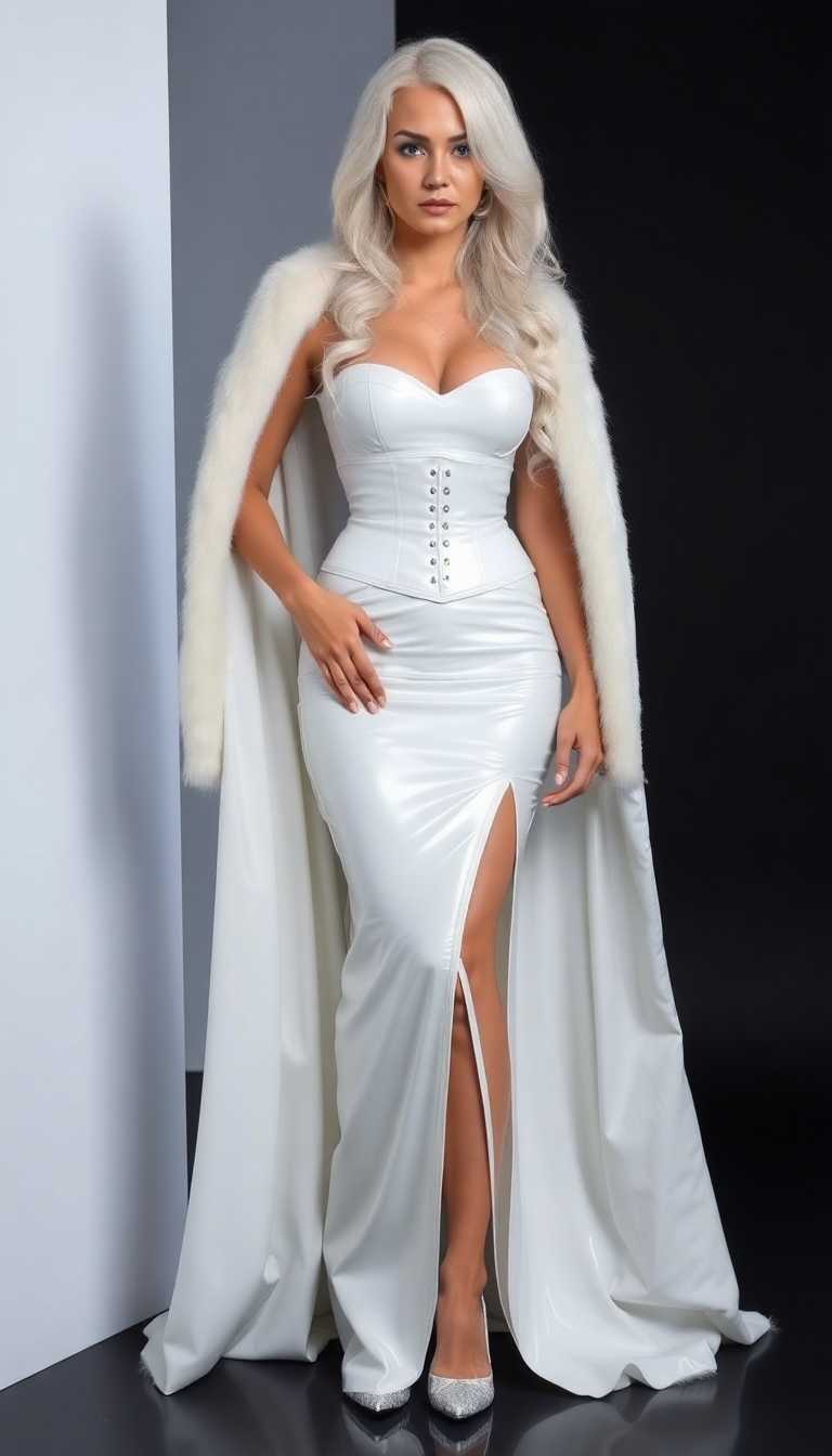 Mid 30s, pale woman. Lots of  Shock white hair in long waves down her back. Blue eyes. A shiny white latex corset, over a floor length shiny white latex evening gown with a slit up to hip. She wears tall shiny white latex heels. Draped over her shoulder is a white fur trimmed floor length shiny white latex cape