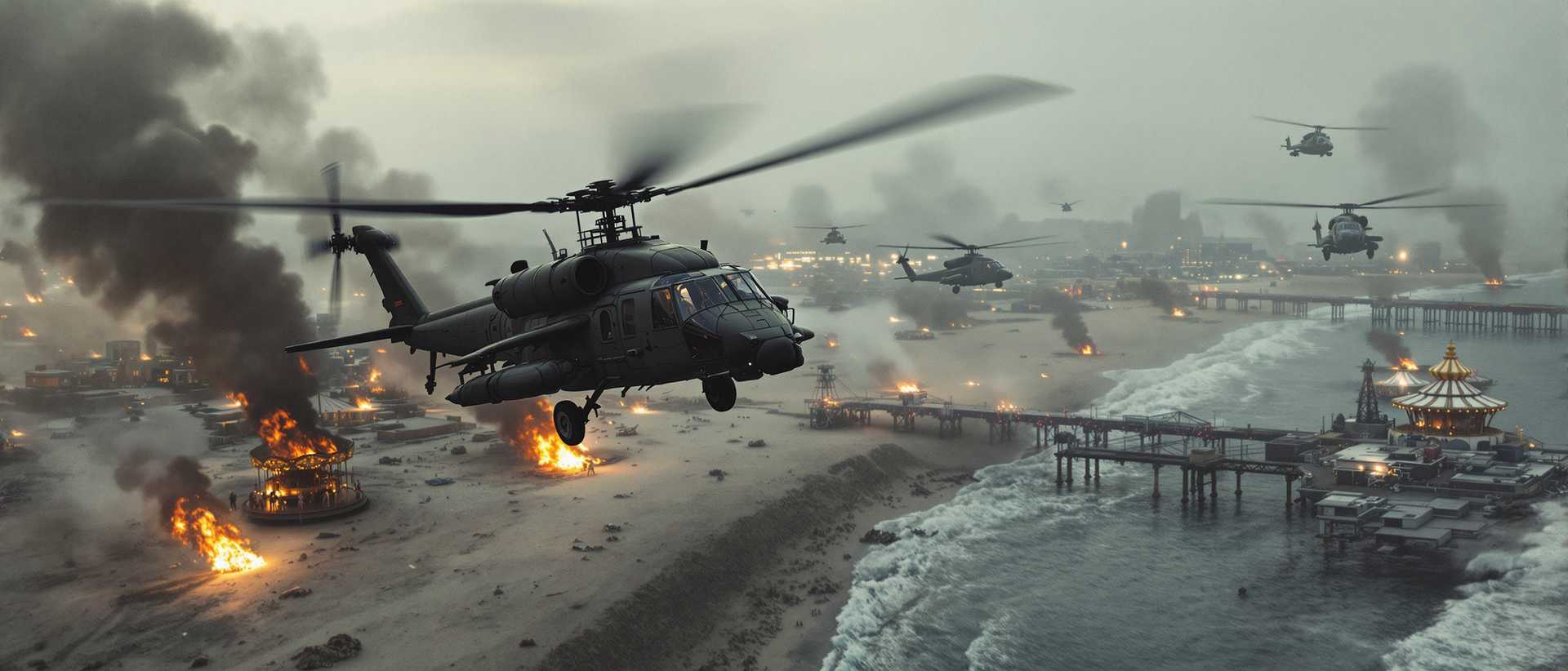 AI-generated image: This image depicts a chaotic aerial scene, likely from a film or a highquality digital artwork, give