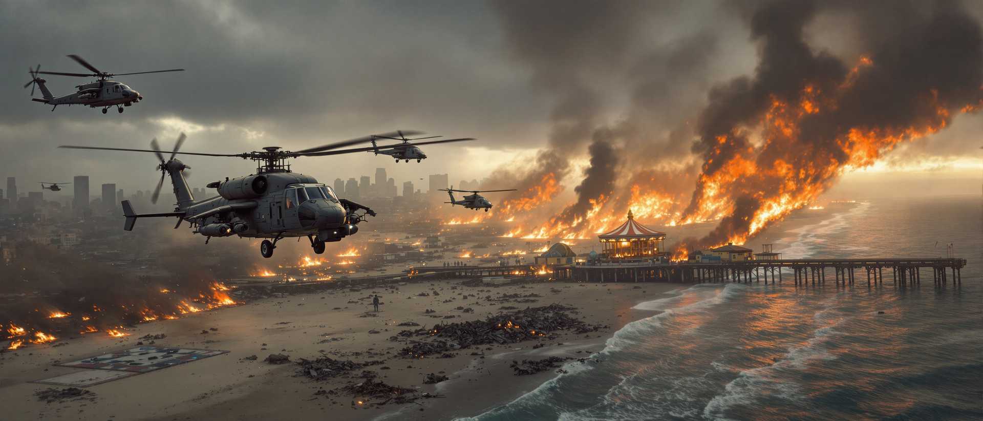 AI-generated image: A breathtaking cinematic aerial scene of chaos and destruction over Santa Monica, California, render