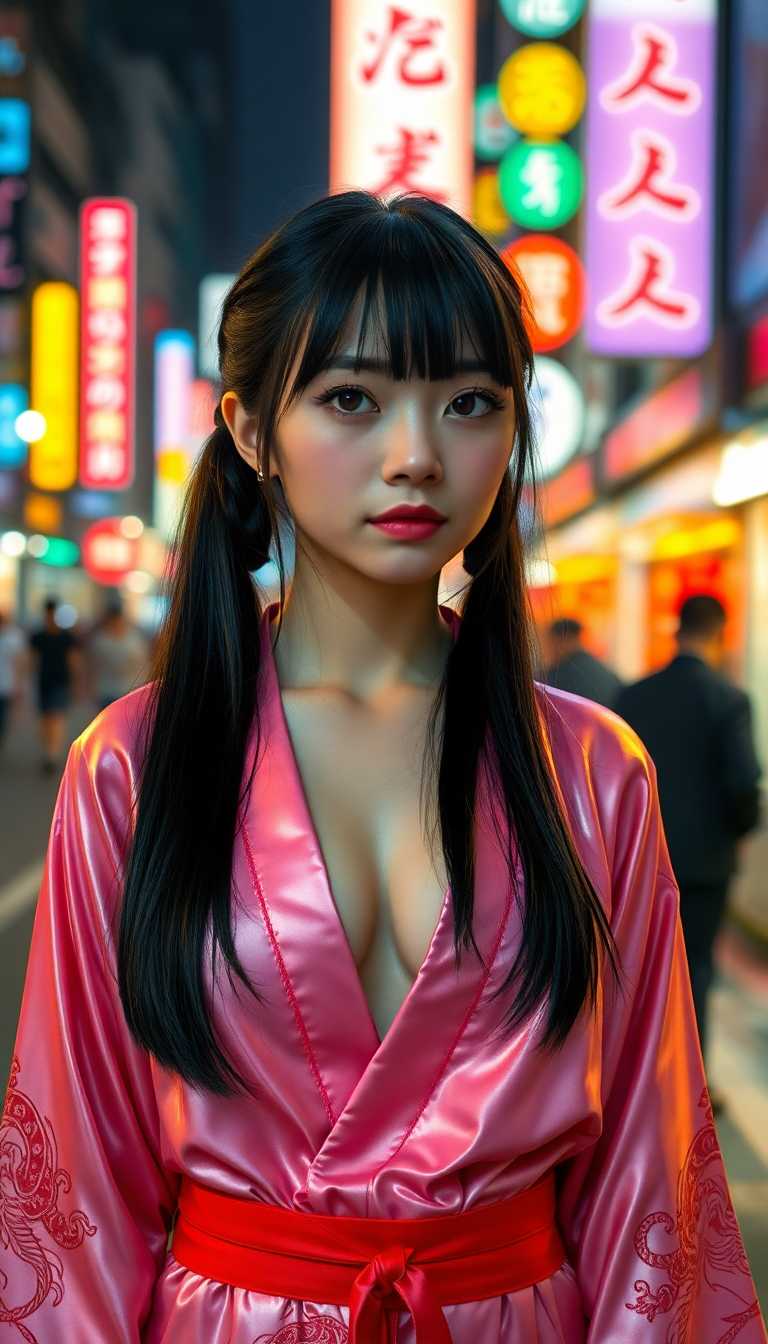 19 year old, Japanese woman. Long black hair in pigtails and straight bangs. Dressed in a shiny pink and red latex kimono. Standing in a neon lit Tokyo street at night. Her dragon tattoos can be seen just above the collar.