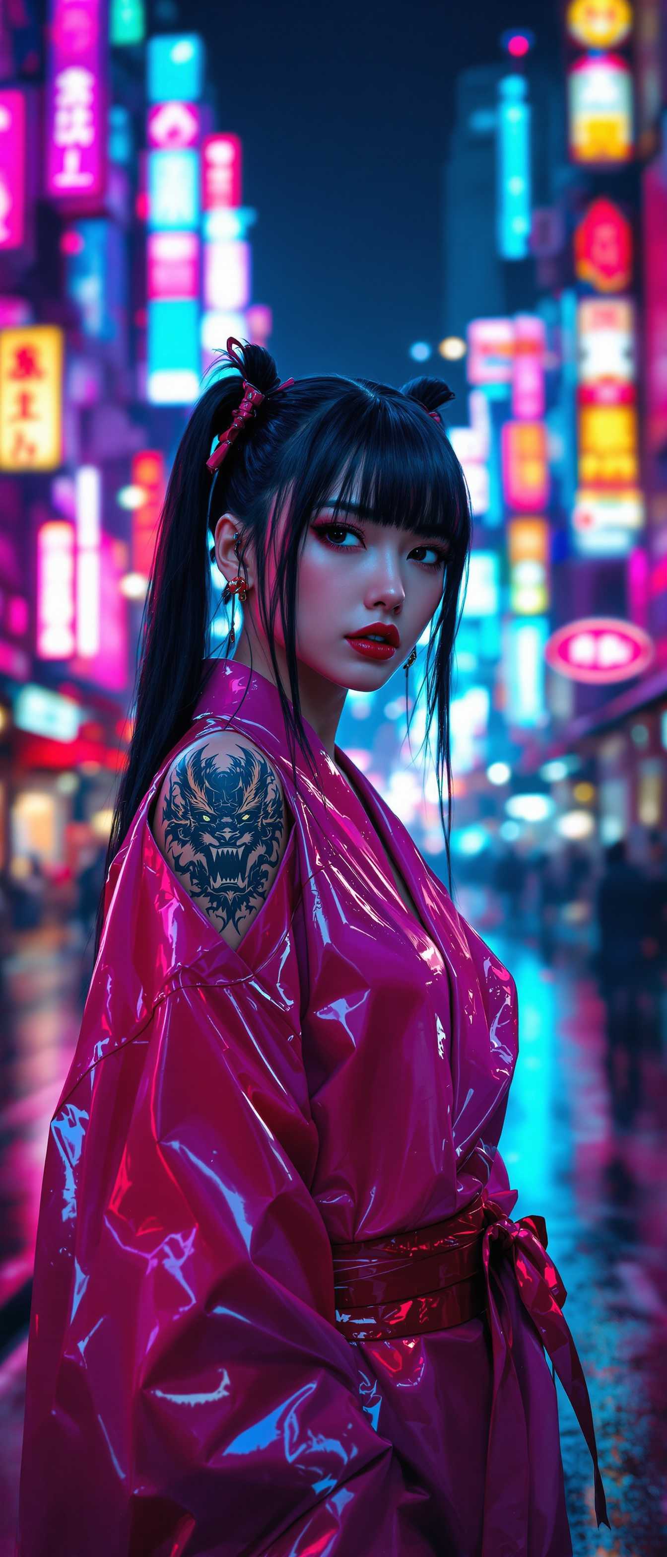 A striking 25-year-old Japanese woman with long, glossy black hair styled in playful pigtails and sharp, straight bangs framing her face. She wears a bold, shiny pink and red latex kimono, the material reflecting the vibrant lights with a slick, futuristic sheen, blending traditional elegance with modern edge. Intricate dragon tattoos peek just above the kimono's collar, adding a rebellious touch to her look. She stands confidently in the heart of a neon-lit Tokyo street at night, surrounded by towering skyscrapers and glowing signs in electric blues, pinks, and purples. The composition focuses on her as the central figure, captured from a low-angle perspective to emphasize her commanding presence, with the bustling cityscape blurring slightly in the background. The mood is dynamic and edgy, with a cyberpunk atmosphere, enhanced by the wet pavement reflecting neon hues and a faint mist lingering in the cool night air. The image is rendered in a hyper-realistic digital art style, with meticulous attention to the texture of the latex, the intricate tattoo details, and the dramatic interplay of light and shadow in an ultra-detailed, cinematic quality.