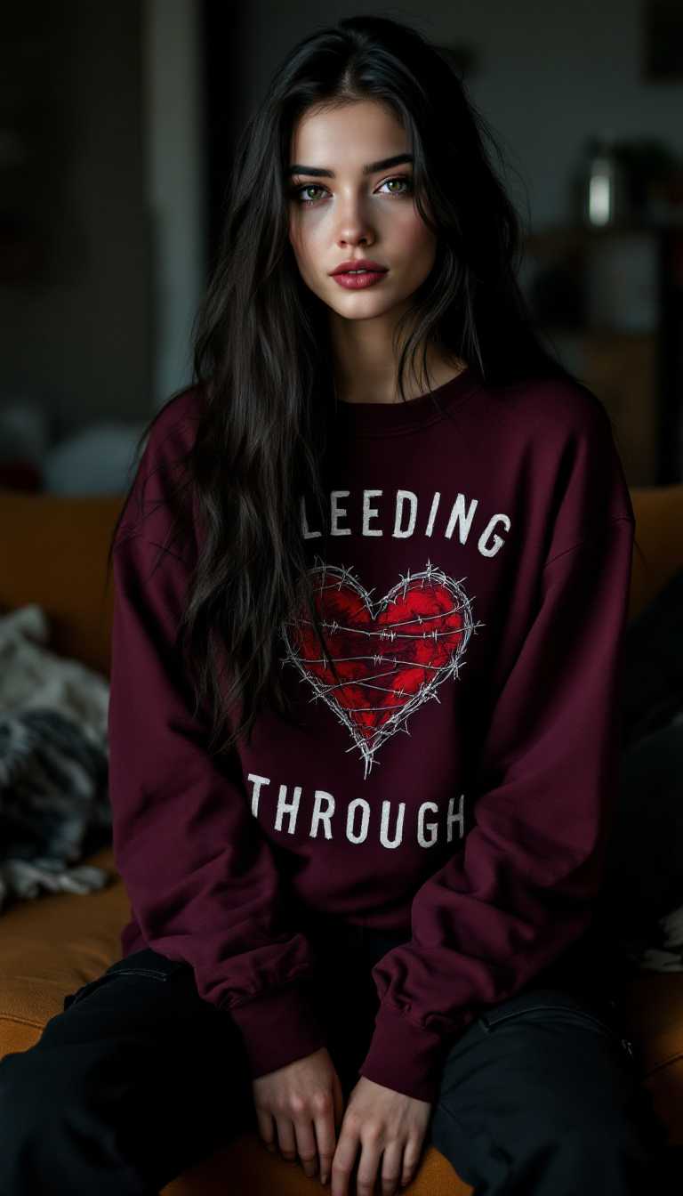 AI-generated image: A cinematic photograph of a young, pale Irish woman with long, dark hair cascading straight down her