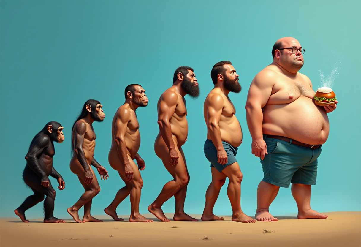 AI-generated image: The image titled "EVOLUTION OF MAN" satirically depicts human evolution from a chimpanzee to a moder