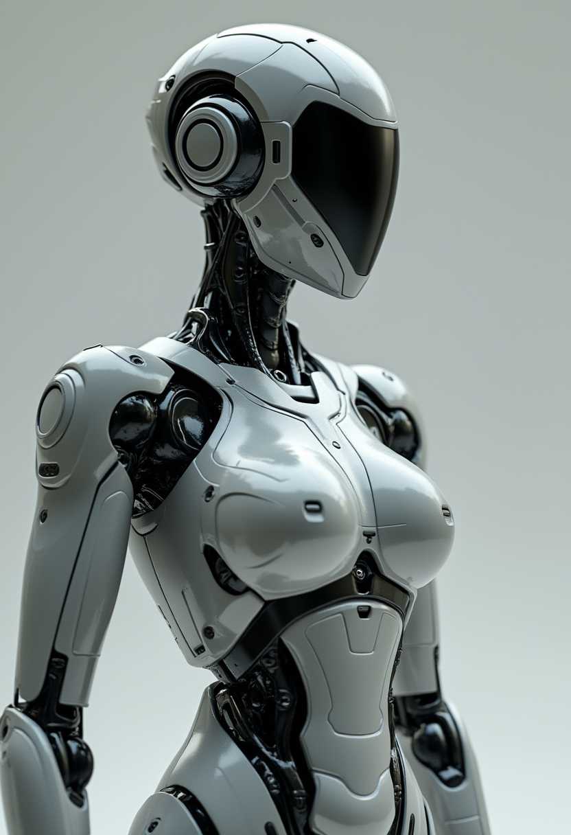 AI-generated image: This 3d image showcases a sleek, futuristic full body female humanoid robot with a silver and black