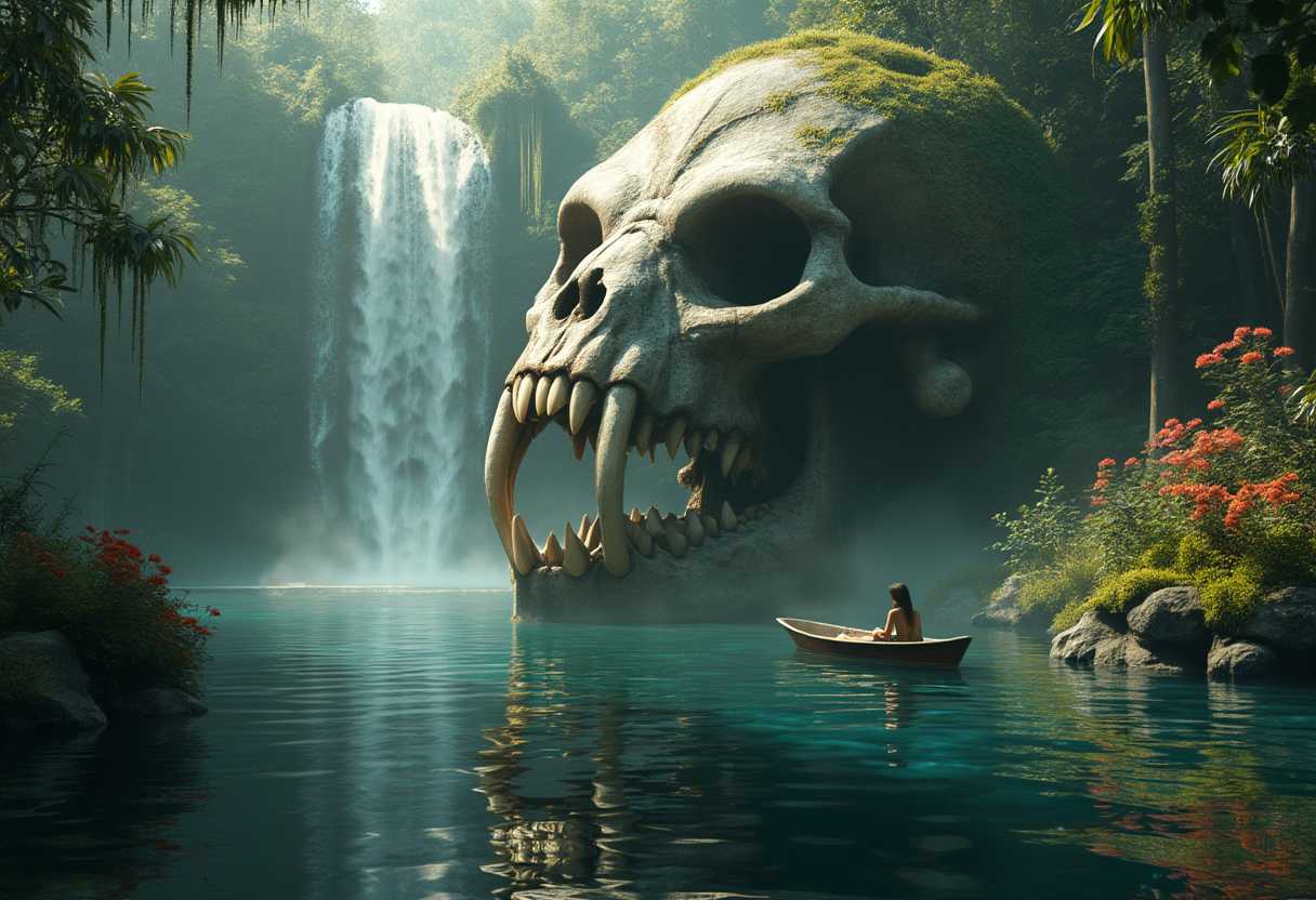 AI-generated image: A cinematic scene, a lone person in a boat floats on a calm lake, reflecting a waterfall cascading f