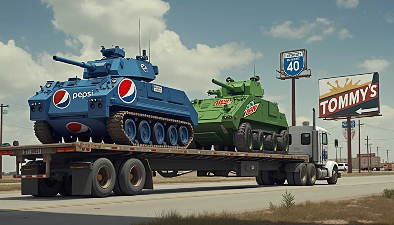 AI-generated image: This image depicts a scene at a truck stop, with a focus on a large flatbed truck carrying two armor