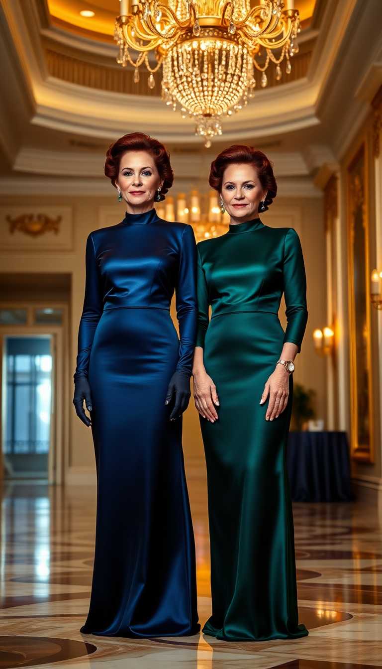A stunning portrait of two 68-year-old identical twin women standing side by side, exuding timeless elegance. They are dressed in matching high-neck, shiny satin evening gowns, one in a deep, rich dark blue and the other in a luxurious dark green, the fabric catching the light with a subtle sheen. Their attire is complemented by elbow-length gloves in coordinating tones, enhancing their sophisticated appearance. Adorning their necks, ears, and wrists is exquisite jewelry, meticulously chosen to match the color of each gown—sapphire-hued gems for the blue dress and emerald accents for the green. Their dark red hair is styled in an intricate, elegant updo, with delicate curls and twists that frame their faces with grace. The scene is set in an opulent hotel ballroom, featuring grand crystal chandeliers casting a warm golden glow, polished marble floors reflecting the light, and ornate gilded detailing on the walls. The composition focuses on the twins as the central subjects, captured from a slightly low angle to emphasize their commanding presence, with the ballroom's grandeur subtly blurred in the background. The mood is one of refined sophistication and quiet confidence, bathed in soft, ambient evening light that enhances the luxurious textures and colors. Rendered in the style of a high-end fashion photography editorial, with meticulous attention to detail, sharp focus on the subjects, and a cinematic depth of field.