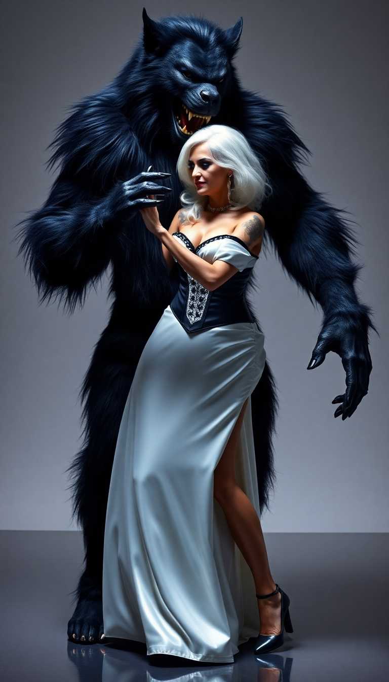 7 foot tall black furred werewolf. dancing with a 5'9" tall 45 year old woman with white hair, dressed in a floor length shiny white latex ballgown and corset. 