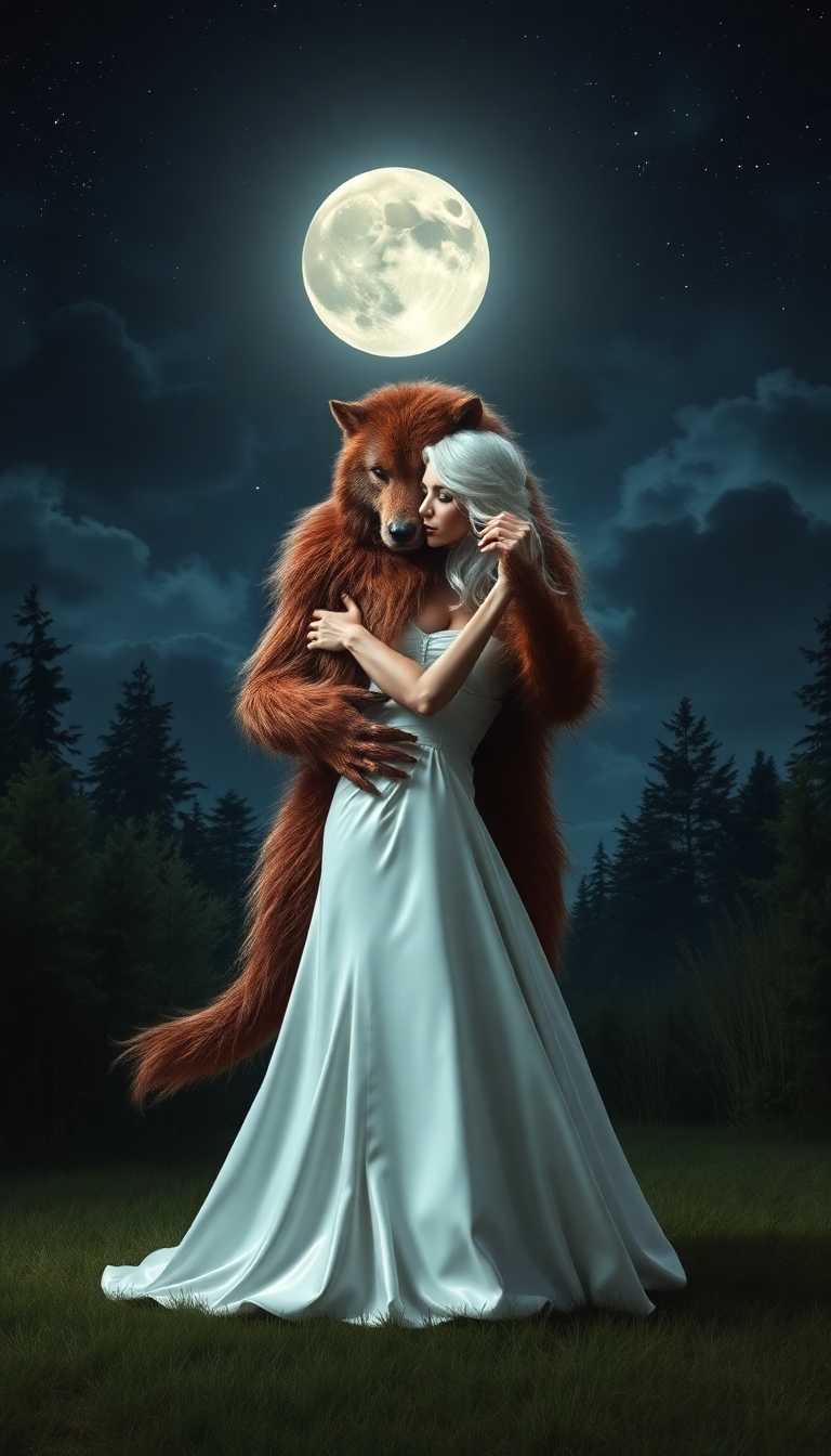 7 foot tall russet furred werewolf. dancing with a 5'9" tall 45 year old woman with white hair, dressed in a floor length shiny white latex ballgown and corset. Standing in a quiet, moonlit vale. Full moon and stars above in the nightsky