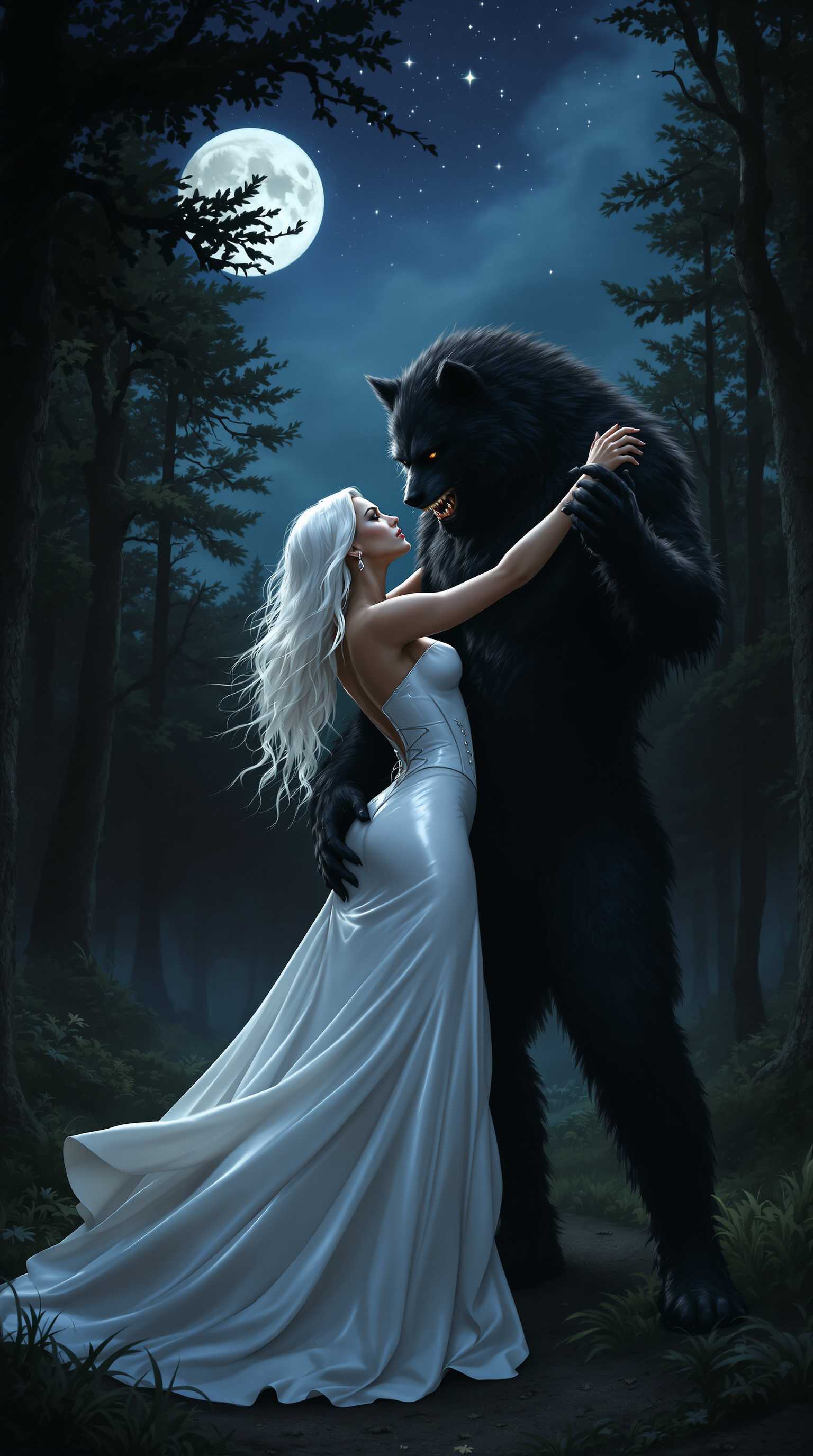 7 foot tall black furred werewolf. dancing with a 5'9" tall 45 year old woman with white hair, dressed in a floor length shiny white latex ballgown and corset. Standing in a quiet, moonlit forest vale. Full moon and stars above in the nightsky