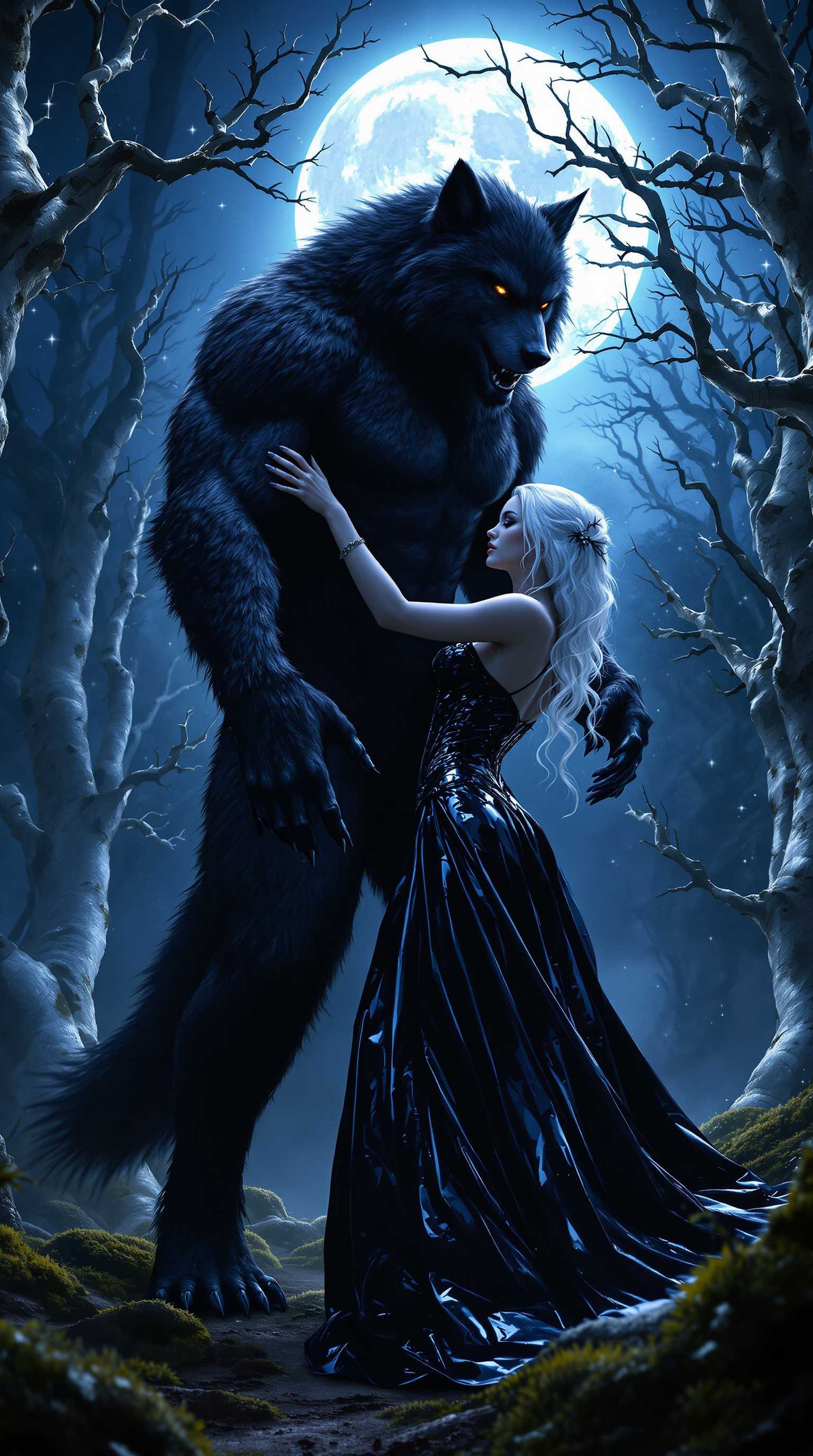 A towering 7-foot-tall werewolf with sleek, jet-black fur, muscular build, and piercing amber eyes, caught mid-dance with a striking 5'9" 45-year-old woman. Her elegant white hair cascades over her shoulders, contrasting with her floor-length, shiny black latex ballgown that glistens under the moonlight, paired with a tightly laced corset accentuating her silhouette. They stand in a serene, moonlit forest vale, surrounded by ancient, gnarled trees with silvery bark and a soft carpet of moss underfoot. The full moon, radiant and luminous, hangs low in a deep indigo night sky, speckled with countless twinkling stars, casting a cool, ethereal glow over the scene. The composition focuses on the couple in the center, captured from a low-angle perspective to emphasize the werewolf's imposing height, their dance pose graceful yet powerful, with the woman's gown flowing dynamically as if caught in a gentle breeze. The mood is mystical and romantic, with a haunting yet tender atmosphere, blending the wildness of the forest with the intimacy of the moment. Rendered in a hyper-realistic style with cinematic lighting, sharp details in the fur's texture, the reflective sheen of the latex, and the intricate interplay of moonlight and shadow, evoking a fantasy art aesthetic with a touch of gothic romance.