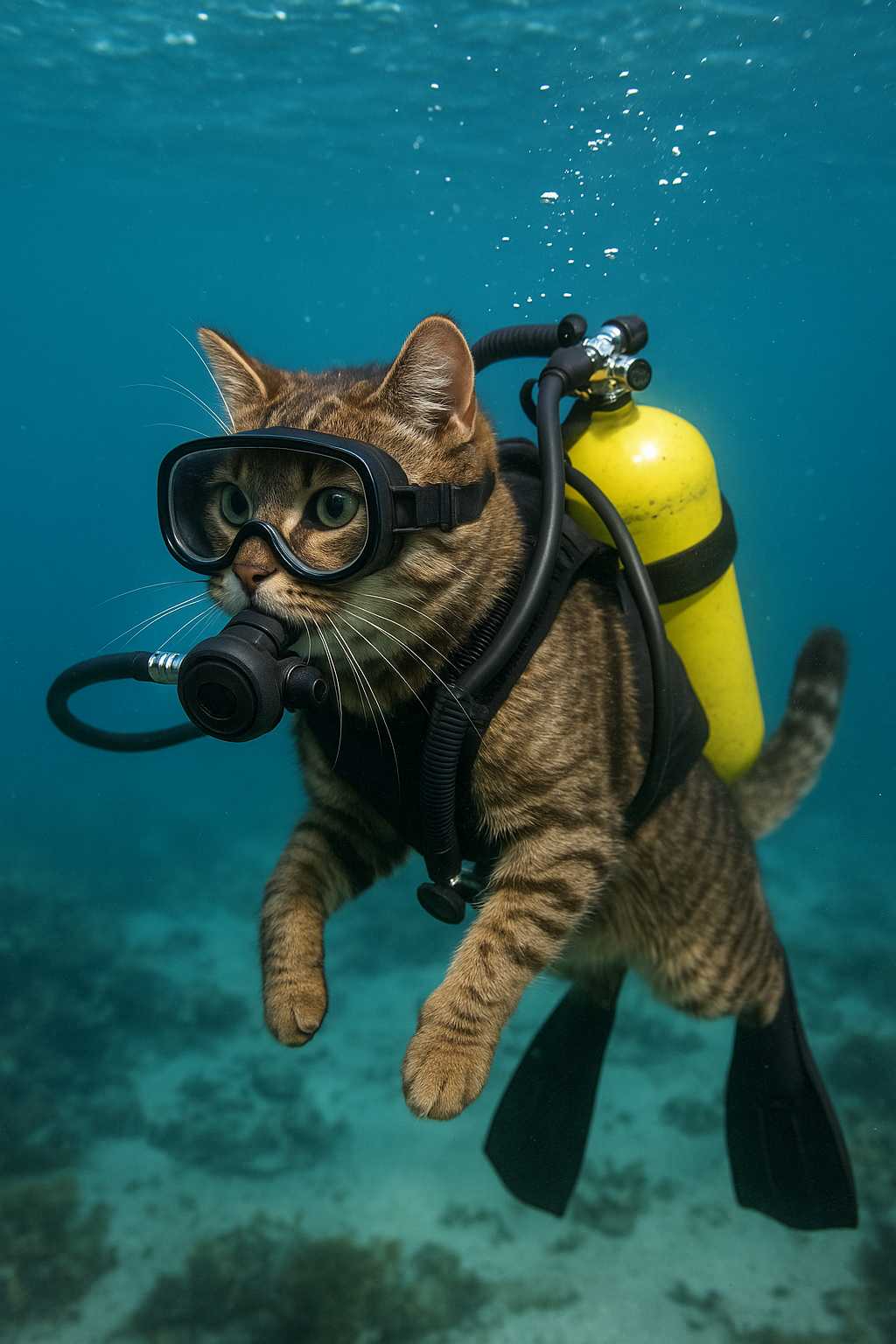AI-generated image: realistic cat scuba diving