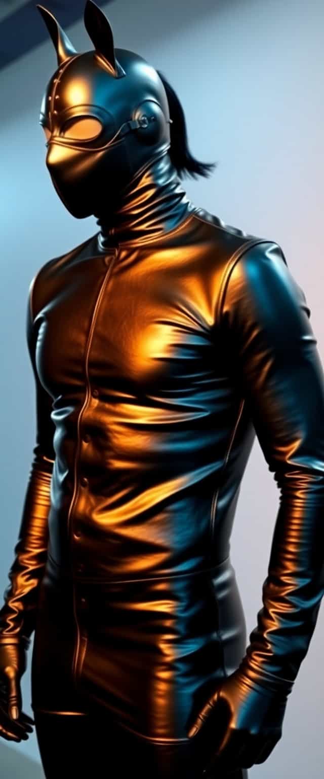 Tall, slim man in a faceless shiny leather skintight gimp suit, wearing a shiny black leather mask, wearing bdsm pony tackle