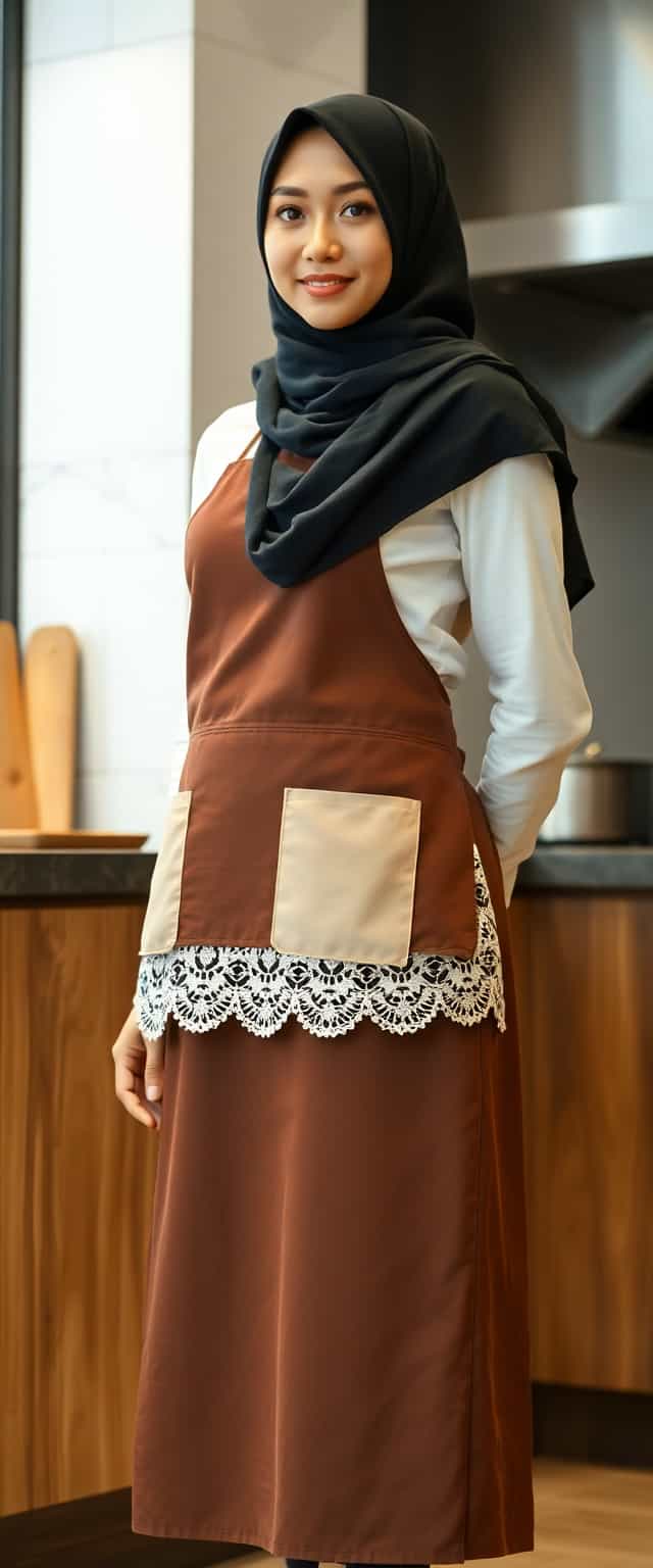 A 20 year old woman, wearing a well tailored ankle length brown dress, her black hijab hiding her hair. Over her dress is a lacy edged kitchen apron. Standing in a modern restaurant kitchen