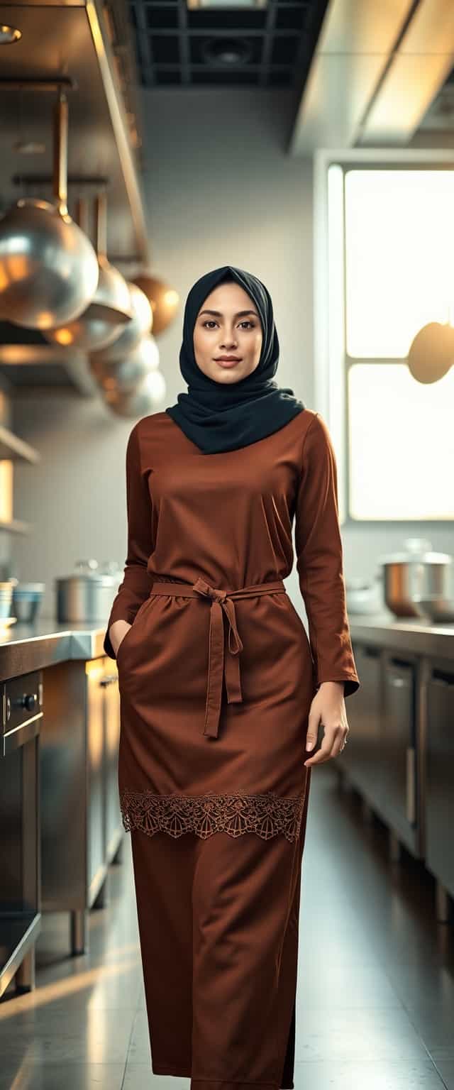 A portrait of a 20-year-old Persian woman, standing confidently in a modern, sleek restaurant kitchen. She wears a well-tailored, ankle-length brown dress, the fabric rich and smooth with a subtle sheen under the kitchen's bright, industrial lighting. Her black hijab is neatly wrapped, covering her hair completely and framing her face with elegance. Over her dress, a delicate kitchen apron with intricate lace edges adds a touch of femininity, tied neatly at her waist. The kitchen around her is pristine, with stainless steel countertops, hanging pots and pans, and soft ambient light streaming through a nearby window, casting gentle reflections on the polished surfaces. The composition focuses on her as the central figure, captured from a slightly low angle to emphasize her poise and determination, with the kitchen equipment subtly blurred in the background to maintain focus on her. The mood is warm and inviting, evoking a sense of passion for culinary art, with a late afternoon glow adding a golden hue to the scene. Rendered in a hyper-realistic style, with attention to fine details like the texture of the lace, the folds of the fabric, and the reflective surfaces of the kitchen, inspired by contemporary portrait photography with a cinematic depth of field.