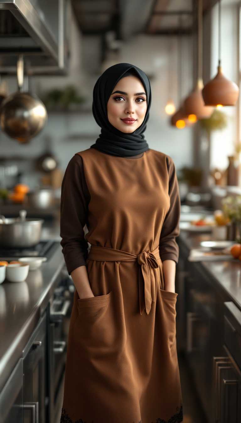 A portrait of a 20-year-old buxom Persian woman, standing confidently in a modern, sleek restaurant kitchen. She wears a well-tailored, knee-length brown dress that modestlyshows off her trim figure, the fabric rich and smooth with a subtle sheen under the kitchen's bright, industrial lighting. Her black hijab is neatly wrapped, covering her hair completely and framing her face with elegance. Over her dress, a delicate kitchen apron with intricate lace edges adds a touch of femininity, tied neatly at her waist. The kitchen around her is pristine, with stainless steel countertops, hanging pots and pans, and soft ambient light streaming through a nearby window, casting gentle reflections on the polished surfaces. The composition focuses on her as the central figure, captured from a slightly low angle to emphasize her poise and determination, with the kitchen equipment subtly blurred in the background to maintain focus on her. The mood is warm and inviting, evoking a sense of passion for culinary art, with a late afternoon glow adding a golden hue to the scene. Rendered in a hyper-realistic style, with attention to fine details like the texture of the lace, the folds of the fabric, and the reflective surfaces of the kitchen, inspired by contemporary portrait photography with a cinematic depth of field.