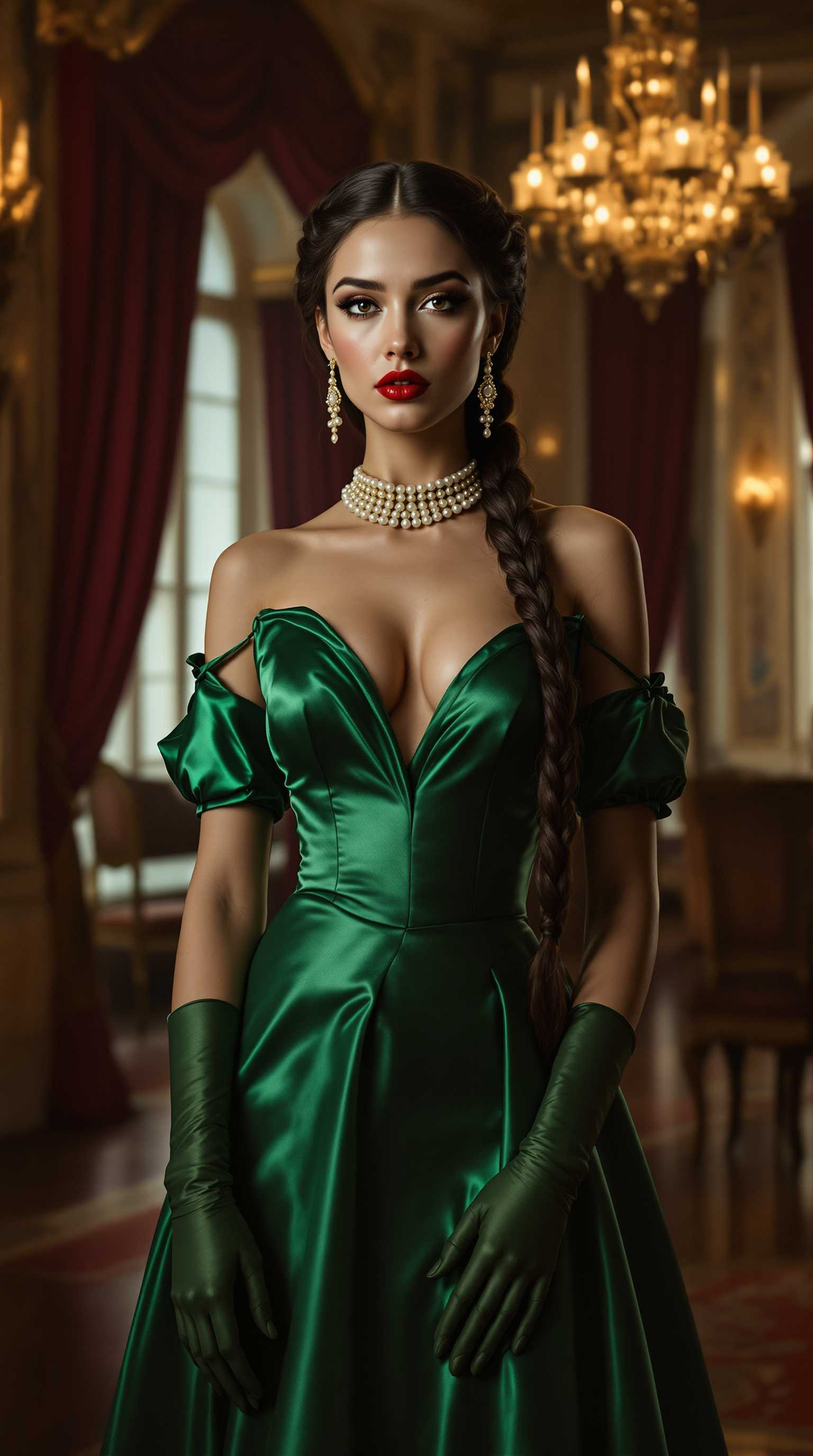 A striking portrait of a tall, 21-year-old brunette woman with her long, dark hair intricately braided into a single plait cascading down her back. Her blood-red lips are pressed into a stern, commanding expression, exuding intensity and poise. Delicate, tiny pearls adorn her neck in a classic choker and dangle elegantly from her ears, catching the light with subtle iridescence. She is dressed in a luxurious, shiny emerald green ballgown, the fabric shimmering with a rich, velvety texture, paired with matching satin elbow-length gloves that gleam under the ambient glow. The scene is set in an opulent Victorian hotel ballroom, featuring ornate golden chandeliers casting warm, soft light, intricate floral wallpaper, and polished mahogany floors reflecting the grandeur. She stands confidently in the center of the composition, framed by towering arched windows draped with heavy velvet curtains in deep burgundy. The camera angle is slightly low, looking up to emphasize her commanding presence and the dramatic height of the room. The mood is elegant and regal, with a timeless, late 19th-century atmosphere, evoking the sophistication of a historical oil painting in the style of John Singer Sargent, with meticulous attention to detail in the textures of the gown and the interplay of light and shadow.