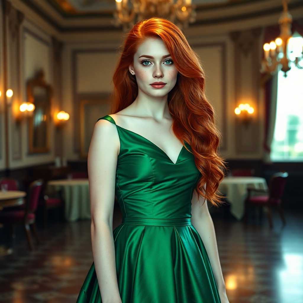 19 year old woman, Irish red hair and freckles. Lush and luxurious amounts of it that falls over her shoulders.she has bright green eyes. Her ball gown is shiny emerald silk. Standing in an elegant victorian hotel ballroom 