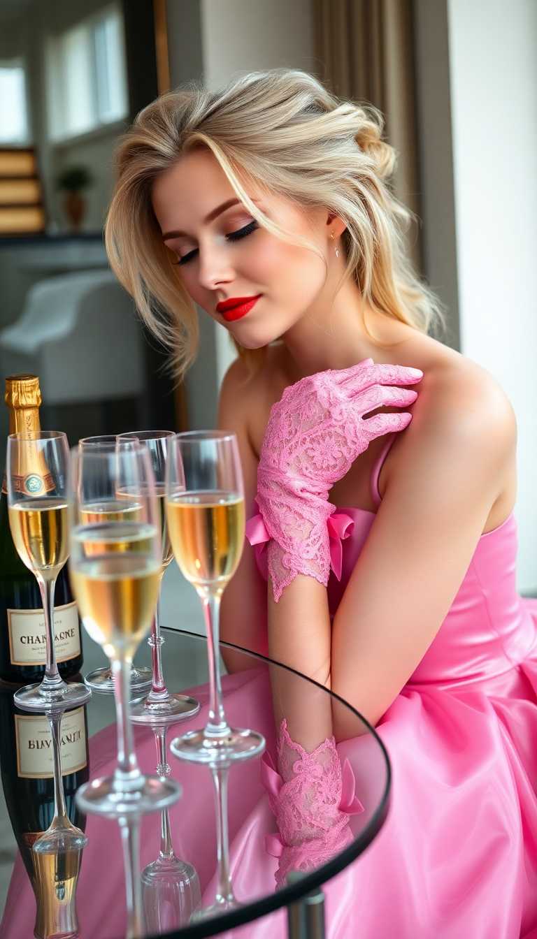 A captivating 21-year-old blonde woman wearing a shiny pink latex ballgown, the material reflecting light with a glossy, almost liquid-like texture. She is positioned on her knees beside a sleek glass-top table in an elegant, modern penthouse suite with floor-to-ceiling windows revealing a city skyline at dusk. Her cheek rests gently on the cool glass surface, next to a long, slim, straight line of vibrant pink powder, adding a mysterious and provocative element to the scene. Her eyes are closed, a serene and contented expression on her face, while her slightly mussed-up blonde hair cascades messily yet beautifully over her shoulders. She wears pristine pink lace gloves, delicate and intricate, contrasting with the boldness of her gown, her hands resting lightly near the table edge. Her lips are painted a striking blood red, slightly smeared, and her makeup shows subtle signs of wear, adding a raw, lived-in quality to her look. On the table, several champagne flutes are scattered, filled to varying levels with golden bubbly liquid, alongside an open bottle of champagne, its label visible and condensation glistening on the glass. The composition focuses on the woman as the central subject, captured from a low angle to emphasize her vulnerability and the reflective surface of the table, with the luxurious penthouse interior in soft focus behind her—plush white carpets, minimalist furniture, and warm ambient lighting casting a golden glow. The mood is intimate and decadent, with a late-night atmosphere, a sense of quiet indulgence, and a hint of melancholy. The style is reminiscent of high-fashion editorial photography, with dramatic contrasts, hyper-realistic details, and a cinematic quality, rendered in ultra-high definition with attention to the interplay of light on latex, glass, and skin.
