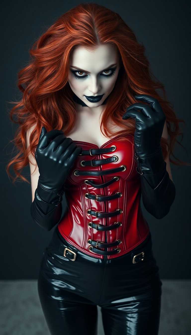 A striking 21-year-old redhead with a menacing aura, her fiery hair cascading in loose, voluminous waves over her shoulders, framing her porcelain-pale face. Her expression drips with wickedness and cruelty, emphasized by shiny black lipstick on her full lips, curling into a sinister smirk. Her heavy goth makeup features dramatic, smoky black eyeshadow and sharp, winged eyeliner that accentuates her piercing gaze, contrasted against her ghostly complexion. She is dressed in a provocative, high-fashion ensemble: her arms are encased in long, shiny black latex gloves that gleam under the light, reflecting a polished, almost liquid texture. Her legs are clad in skintight, shiny black latex pants that hug every curve, paired with thigh-high black latex boots adorned with intricate straps and buckles forming a ladder pattern up the front, adding an edgy, rebellious detail. Her torso is bound in a striking crimson latex corset, tightly laced to accentuate her statuesque, hourglass figure, the glossy red material catching the light with every movement. Over this, she wears a luxurious, thick black fur coat that drapes dramatically to the floor, trailing behind her with an air of opulence and danger. In one hand she holds a slim  riding crop.  The scene is set in a modern, elegant penthouse lounge, exuding sleek sophistication with black leather and shiny steel furniture, the polished surfaces reflecting soft, ambient lighting. Behind her, a large flat-screen TV mounted on the wall displays a weather report for the US Eastern Seaboard, glowing with muted blues and greens. The composition focuses on her commanding presence, positioned slightly off-center, standing confidently with one hand on her hip, the fur coat partially open to reveal the corset beneath. The camera angle is low, looking up at her to emphasize her dominance and towering allure. The mood is dark and seductive, with a late-night atmosphere, the penthouse illuminated by warm, dim golden lights and cool neon accents from the cityscape visible through expansive floor-to-ceiling windows. The overall style is a blend of high-fashion editorial photography and cinematic noir, with hyper-realistic textures and sharp, high-contrast details, capturing every sheen of latex and fur in stunning clarity, rendered in a 4K ultra-detailed digital art style.