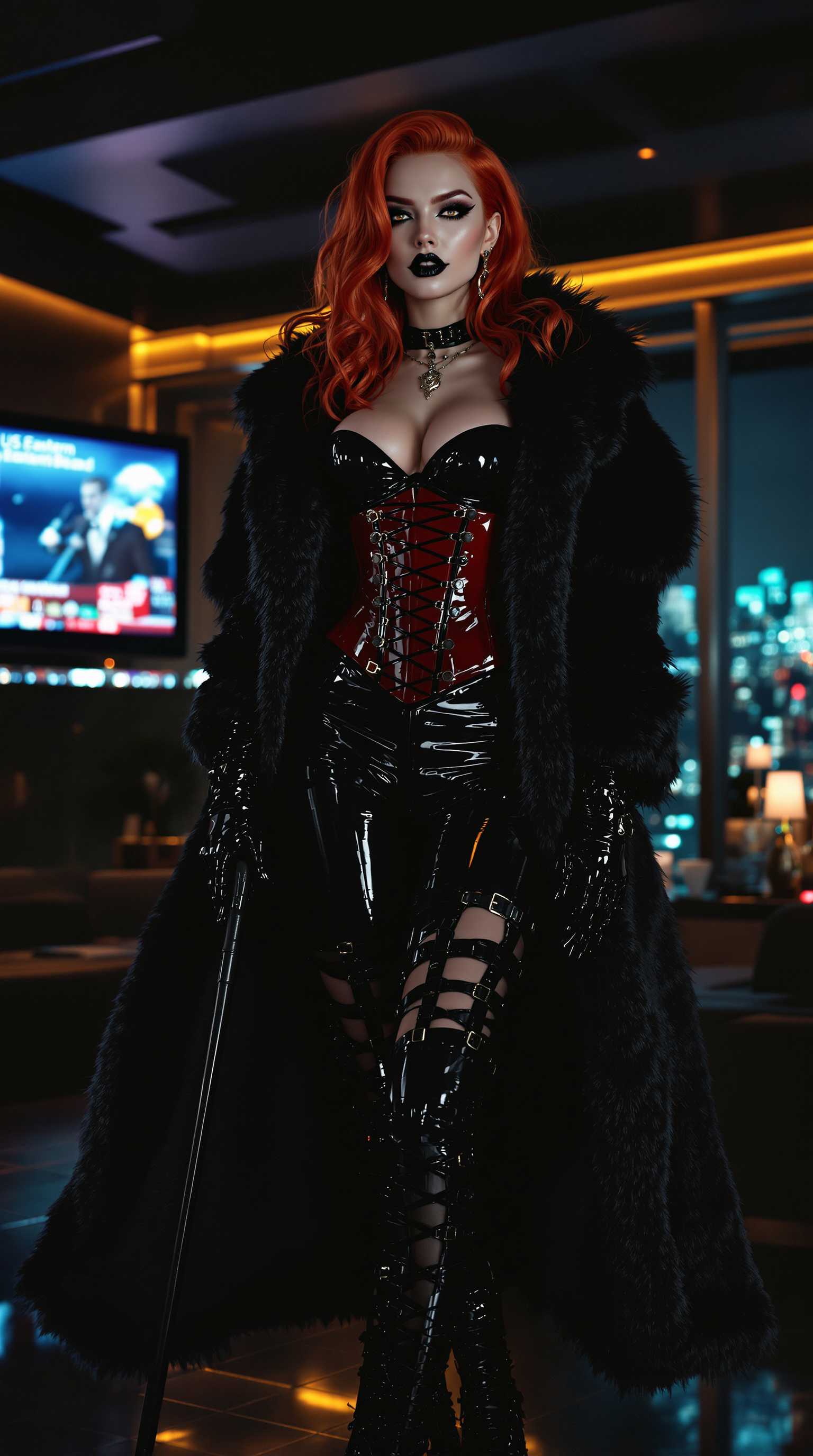 A striking 21-year-old redhead with a menacing aura, her fiery hair cascading in loose, voluminous waves over her shoulders, framing her porcelain-pale face. Her expression drips with wickedness and cruelty, emphasized by shiny black lipstick on her full lips, curling into a sinister smirk. Her heavy goth makeup features dramatic, smoky black eyeshadow and sharp, winged eyeliner that accentuates her piercing gaze, contrasted against her ghostly complexion. She is dressed in a provocative, high-fashion ensemble: her arms are encased in long, shiny black latex gloves that gleam under the light, reflecting a polished, almost liquid texture. Her legs are clad in skintight, shiny black latex pants that hug every curve, paired with thigh-high black latex boots adorned with intricate straps and buckles forming a ladder pattern up the front, adding an edgy, rebellious detail. Her torso is bound in a striking crimson latex corset, tightly laced to accentuate her statuesque, hourglass figure, the glossy red material catching the light with every movement. Over this, she wears a luxurious, thick black fur coat that drapes dramatically to the floor, trailing behind her with an air of opulence and danger. In one hand she holds a slim  riding crop.  The scene is set in a modern, elegant penthouse lounge, exuding sleek sophistication with black leather and shiny steel furniture, the polished surfaces reflecting soft, ambient lighting. Behind her, a large flat-screen TV mounted on the wall displays a weather report for the US Eastern Seaboard, glowing with muted blues and greens. The composition focuses on her commanding presence, positioned slightly off-center, standing confidently with one hand on her hip, the fur coat partially open to reveal the corset beneath. The camera angle is low, looking up at her to emphasize her dominance and towering allure. The mood is dark and seductive, with a late-night atmosphere, the penthouse illuminated by warm, dim golden lights and cool neon accents from the cityscape visible through expansive floor-to-ceiling windows. The overall style is a blend of high-fashion editorial photography and cinematic noir, with hyper-realistic textures and sharp, high-contrast details, capturing every sheen of latex and fur in stunning clarity, rendered in a 4K ultra-detailed digital art style.