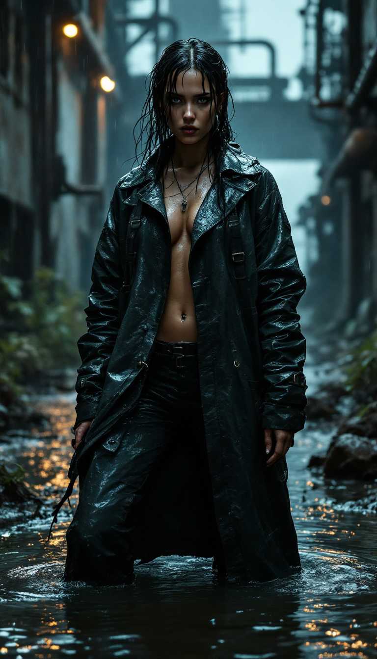 AI-generated image: A powerful cinematic still of a striking female survivor in a post-apocalyptic industrial complex, s