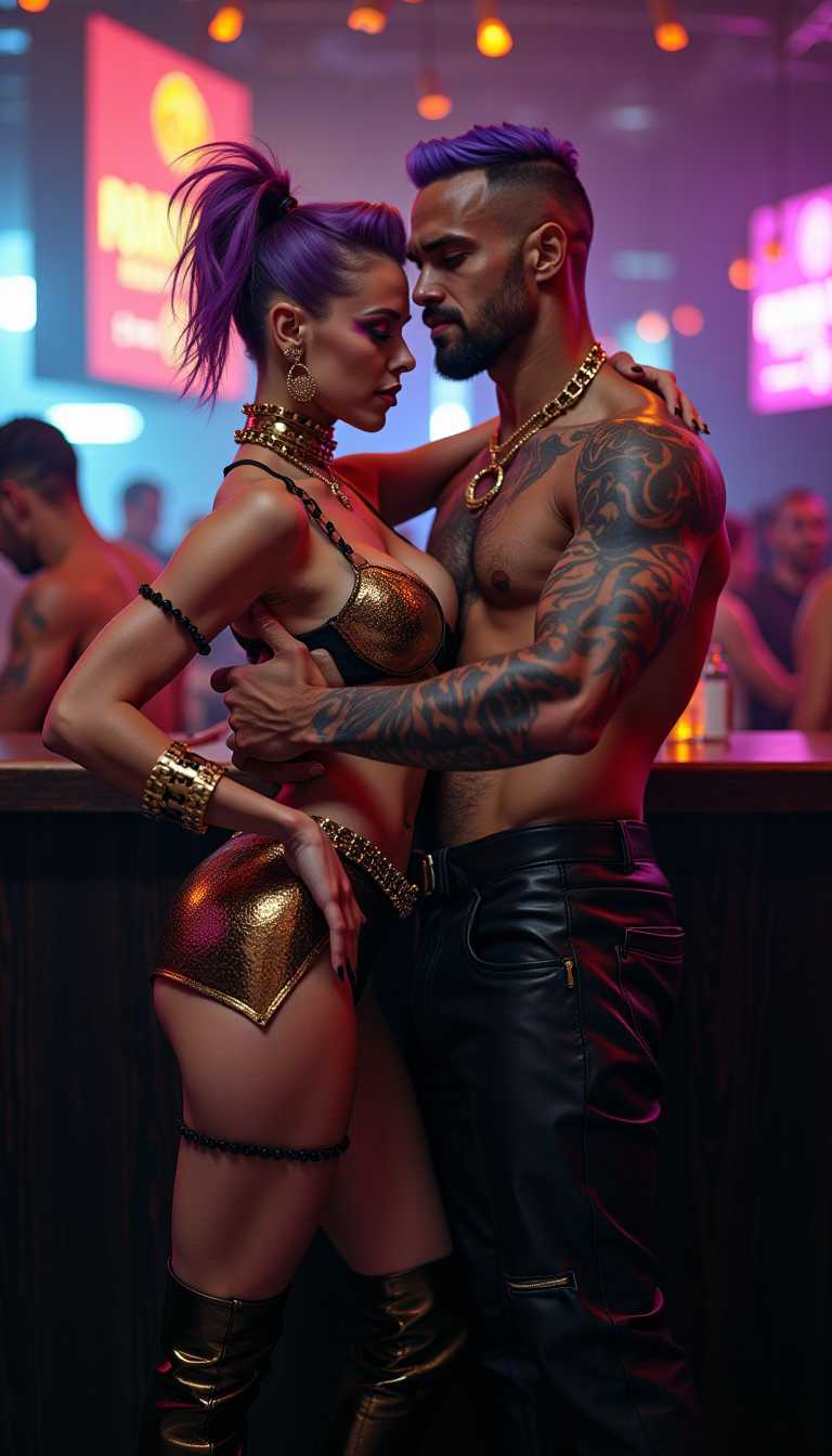 AI-generated image: A high-fashion editorial shot of a Russian woman dancing and posing at the bar hugged from behind b