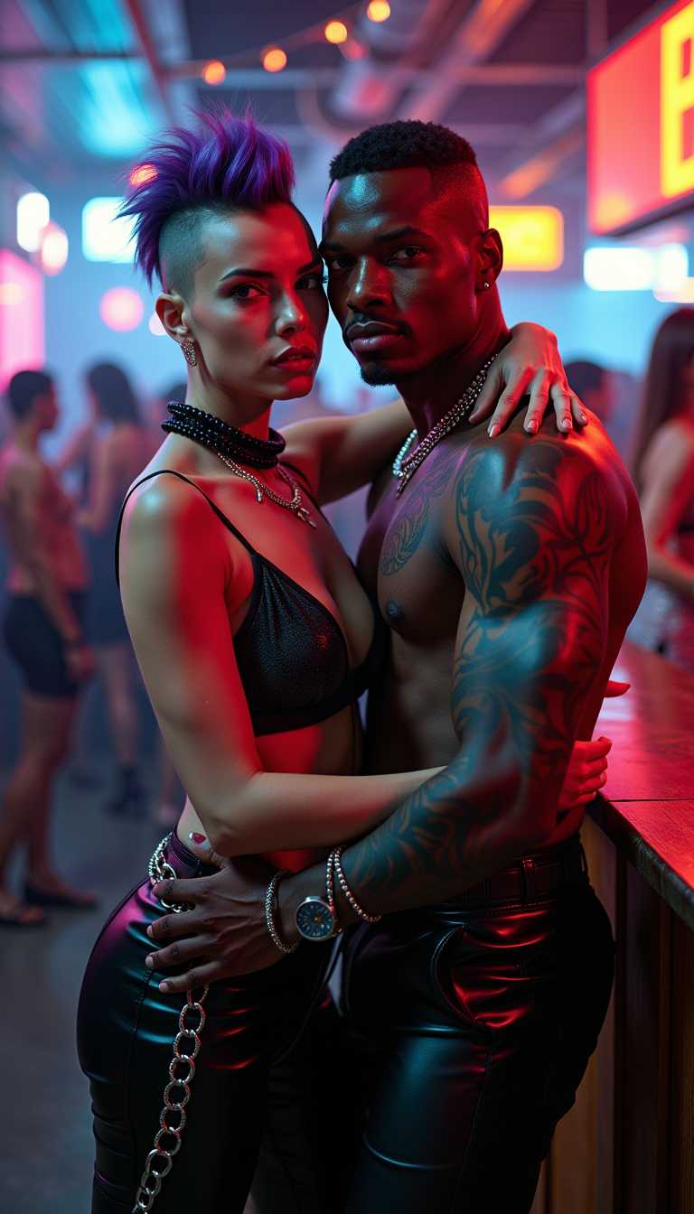 AI-generated image: A high-fashion editorial shot of a Russian woman dancing and posing at the bar hugged from behind b