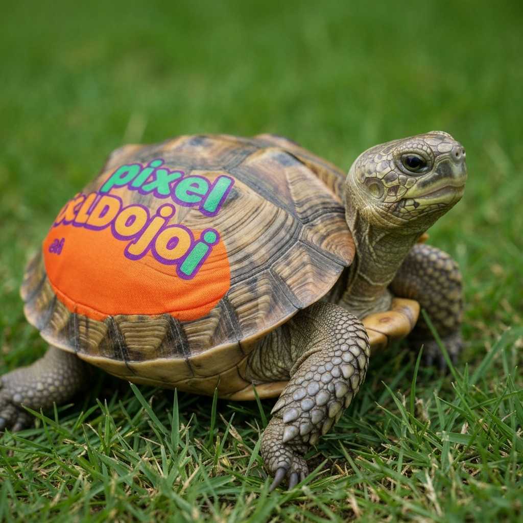 AI-generated image: a turtle that is wearing a shirt that says pixeldojo.ai