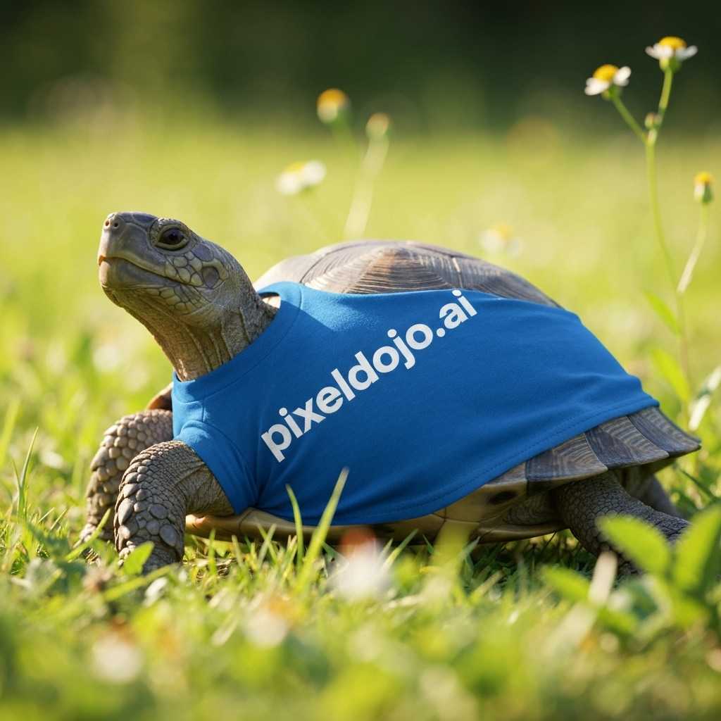 AI-generated image: a turtle that is wearing a shirt that says pixeldojo.ai
