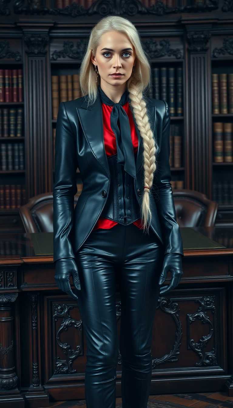 A captivating portrait of a striking mid-20s Nordic woman, standing tall with an air of authority, her long, flowing white hair cascading over her shoulders in a heavy, intricately braided plait that reaches her waist. Her piercing bright blue eyes demand attention, framed by sharp, defined features that exude strength and elegance. She is dressed in a form-fitting, shiny black leather suit that gleams with a polished sheen under soft ambient light, paired with a vibrant red silk blouse, its glossy texture peeking out from beneath a tightly strapped black leather corset and a tailored jacket. A black silk cravat is meticulously tied around her neck, adding a sophisticated, vintage touch to her ensemble. Her long, slim fingers are encased in tight, shiny black latex gloves, catching subtle highlights and reflections with every movement. She stands confidently beside an ornate, dark mahogany desk in a grand, old legal office, the space filled with towering bookshelves of weathered leather-bound tomes, intricate wood carvings, and antique brass accents that speak of timeless prestige. Her imposing presence is heightened by 6-inch black leather heels, their glossy finish mirroring the surrounding elegance. The composition is carefully crafted, captured from a slight low angle to emphasize her towering height and commanding aura, with the desk and office details framing her in a balanced, symmetrical layout that draws the eye to her as the focal point. The mood is refined yet powerful, bathed in warm, golden-hour light streaming through a large arched window, casting soft, dappled shadows across the scene and creating a rich, nostalgic atmosphere with a cinematic depth. The style is inspired by editorial portrait photography, rendered with hyper-realistic textures, dramatic contrast between light and shadow, and meticulous attention to the reflective sheen of leather, latex, and silk, evoking the polished look of a high-end fashion magazine cover.
