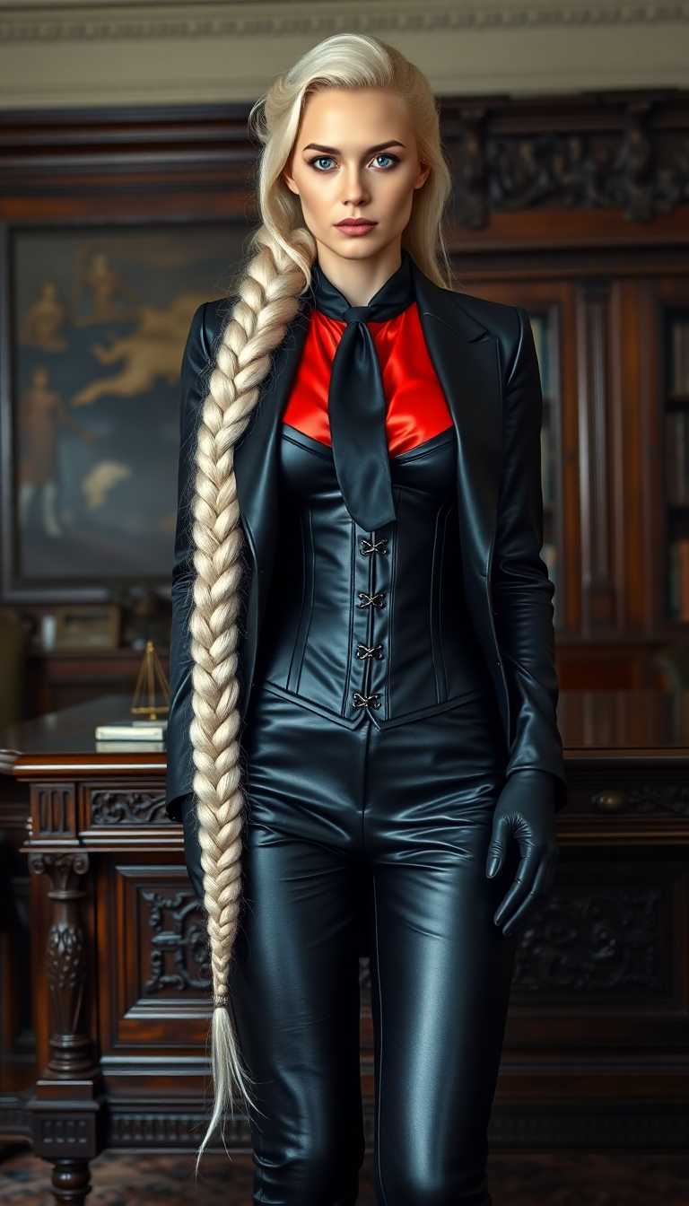 A striking portrait of a mid-20s Nordic woman exuding authority and elegance, standing tall with an imposing presence beside an ornate, dark mahogany desk in a grand, old legal office. Her long, flowing white hair cascades over her shoulders in a single heavy, intricately braided plait reaching her waist, catching the light with a soft, silky sheen. Her piercing bright blue eyes command attention, framed by sharp, defined facial features that blend strength and sophistication. She wears a form-fitting, shiny black leather suit, its polished surface gleaming under soft ambient lighting, paired with a vibrant red silk blouse peeking beneath a tightly strapped black leather corset and a tailored jacket. A black silk cravat is meticulously tied around her neck, adding a vintage, refined touch, while her long, slim fingers are encased in tight, shiny black latex gloves, reflecting subtle highlights with every gesture. Her 6-inch black leather heels, with their glossy finish, mirror the surrounding elegance, enhancing her towering stature.

The office is a vision of timeless prestige, filled with towering bookshelves of weathered leather-bound tomes, intricate wood carvings, and antique brass accents. The composition is meticulously framed from a slight low angle, emphasizing her commanding height and aura, with the desk and office details creating a balanced, symmetrical layout that draws the eye to her as the central focal point. Warm, golden-hour light streams through a large arched window, casting soft, dappled shadows across the scene, bathing the room in a rich, nostalgic glow with cinematic depth. The mood is refined yet powerful, blending authority with an air of classic sophistication.

Rendered in the style of editorial portrait photography, the image features hyper-realistic textures, dramatic contrast between light and shadow, and meticulous attention to the reflective sheen of leather, latex, and silk. The polished aesthetic evokes the look of a high-end fashion magazine cover, with sharp focus on fine details like the intricate braiding of her hair, the subtle creases in her leather suit, and the interplay of light on reflective surfaces, creating a visually captivating and cohesive masterpiece.