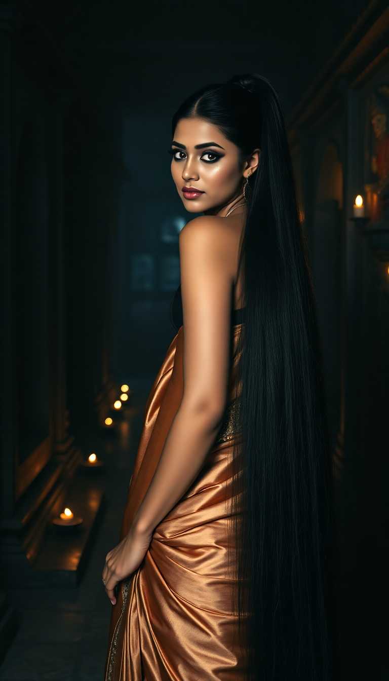 A striking mid-20s Hindu woman with flawless, radiant skin stands gracefully in the dimly lit hallway of an ancient Hindu temple at midnight. Her floor-length, shiny black hair is impeccably straight, pulled into a high, sleek ponytail that cascades down her back like a dark waterfall. She is dressed in an elegant silk sari, the fabric shimmering with subtle golden embroidery, draped perfectly to accentuate her poised posture. Her heavy, dramatic makeup features smoky, kohl-lined eyes and bold, shiny black painted lips that gleam under the faint light, exuding a mysterious allure. The temple hallway is cloaked in deep shadows, with intricate stone carvings of deities and floral motifs adorning the walls, illuminated by the soft, flickering glow of oil lamps. The atmosphere is serene yet haunting, with a cool, misty air and the faint scent of sandalwood incense lingering. The composition focuses on the woman as the central figure, standing confidently in the middle of the frame, captured from a slight low angle to emphasize her commanding presence against the towering, ancient architecture. The scene is rendered in a cinematic style, reminiscent of dramatic Bollywood aesthetics, with rich contrasts between light and shadow, vibrant yet moody color tones, and a hyper-realistic attention to texture and detail, evoking a sense of timeless mystique.