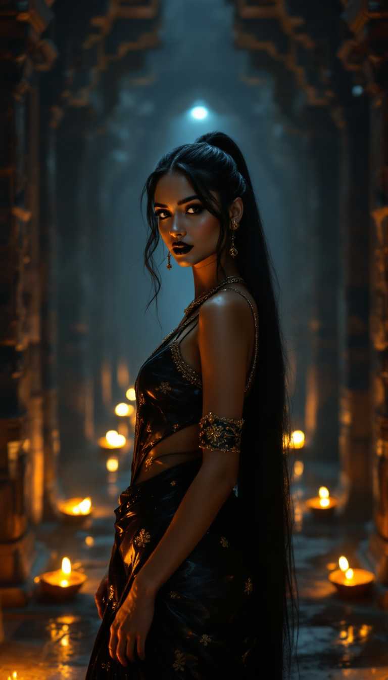 A striking mid-20s Hindu woman with flawless, radiant skin stands gracefully in the dimly lit hallway of an ancient Hindu temple at midnight. Her floor-length, shiny black hair is impeccably straight, pulled into a high, sleek ponytail that cascades down her back like a dark waterfall. She is dressed in an elegant shiny latex sari, the fabric shimmering with subtle golden embroidery, draped perfectly to accentuate her poised posture. Her heavy, dramatic makeup features smoky, kohl-lined eyes and bold, shiny black painted lips that gleam under the faint light, exuding a mysterious allure. The temple hallway is cloaked in deep shadows, with intricate stone carvings of deities and floral motifs adorning the walls, illuminated by the soft, flickering glow of oil lamps. The atmosphere is serene yet haunting, with a cool, misty air and the faint scent of sandalwood incense lingering. The composition focuses on the woman as the central figure, standing confidently in the middle of the frame, captured from a slight low angle to emphasize her commanding presence against the towering, ancient architecture. The scene is rendered in a cinematic style, reminiscent of dramatic Bollywood aesthetics, with rich contrasts between light and shadow, vibrant yet moody color tones, and a hyper-realistic attention to texture and detail, evoking a sense of timeless mystique.