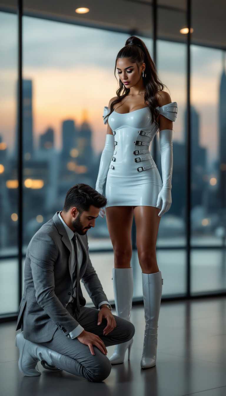 A striking and powerful scene featuring an athletic, mid-30s Hispanic woman as the central figure, exuding confidence and dominance. She is dressed in a form-fitting, shiny white latex minidress adorned with intricate straps and polished buckles that catch the light with a glossy sheen. Her ensemble is completed by thigh-high shiny white latex boots and elbow-length shiny white latex gloves, both detailed with matching straps and buckles, emphasizing a bold, futuristic fetish aesthetic. Her posture is commanding, standing tall with a slight tilt of her head, exuding authority. Beside her, kneeling on the polished floor in a submissive posture, is a young man in his late 20s with neatly styled dark hair and a trim beard. He wears a well-tailored gray business suit, slightly rumpled, with a crisp white shirt and a loosened tie, his head bowed in deference. The setting is a modern, sleek office with large glass windows revealing a city skyline at dusk, casting a warm golden glow across the room. The office features minimalist furniture, a glossy black desk, and subtle metallic accents, creating a cold yet sophisticated atmosphere. The composition focuses on the woman as the dominant figure, positioned slightly off-center with the man at her feet, framed from a low angle to emphasize her towering presence and authority. The lighting is dramatic, with soft, diffused natural light from the windows contrasting with cool, artificial overhead lights, creating reflective highlights on the latex material. The mood is intense and charged, blending elements of power dynamics with a polished, high-fashion edge. Rendered in a hyper-realistic digital art style with a focus on sharp details, smooth textures, and cinematic depth of field, reminiscent of high-end fashion photography.