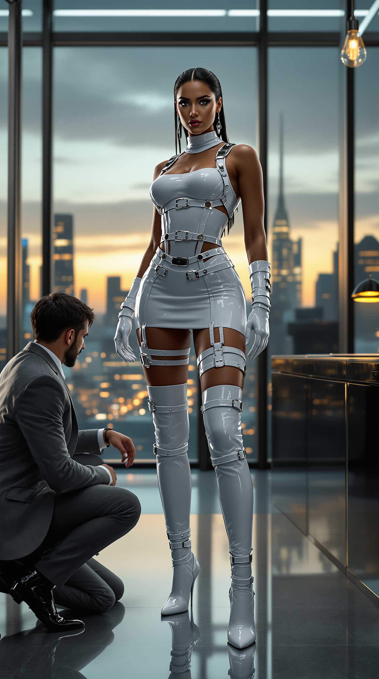 A striking and powerful scene featuring an athletic, mid-30s Hispanic woman as the central figure, exuding confidence and dominance. She is dressed in a form-fitting, shiny white latex minidress adorned with intricate straps and polished buckles that catch the light with a glossy sheen. Her ensemble is completed by thigh-high shiny white latex boots and elbow-length shiny white latex gloves, both detailed with matching straps and buckles, emphasizing a bold, futuristic fetish aesthetic. Her posture is commanding, standing tall with a slight tilt of her head, exuding authority. Beside her, kneeling on the polished floor in a submissive posture, is a young man in his late 20s with neatly styled dark hair and a trim beard. He wears a well-tailored gray business suit, slightly rumpled, with a crisp white shirt and a loosened tie, his head bowed in deference. The setting is a modern, sleek office with large glass windows revealing a city skyline at dusk, casting a warm golden glow across the room. The office features minimalist furniture, a glossy black desk, and subtle metallic accents, creating a cold yet sophisticated atmosphere. The composition focuses on the woman as the dominant figure, positioned slightly off-center with the man at her feet, framed from a low angle to emphasize her towering presence and authority. The lighting is dramatic, with soft, diffused natural light from the windows contrasting with cool, artificial overhead lights, creating reflective highlights on the latex material. The mood is intense and charged, blending elements of power dynamics with a polished, high-fashion edge. Rendered in a hyper-realistic digital art style with a focus on sharp details, smooth textures, and cinematic depth of field, reminiscent of high-end fashion photography.