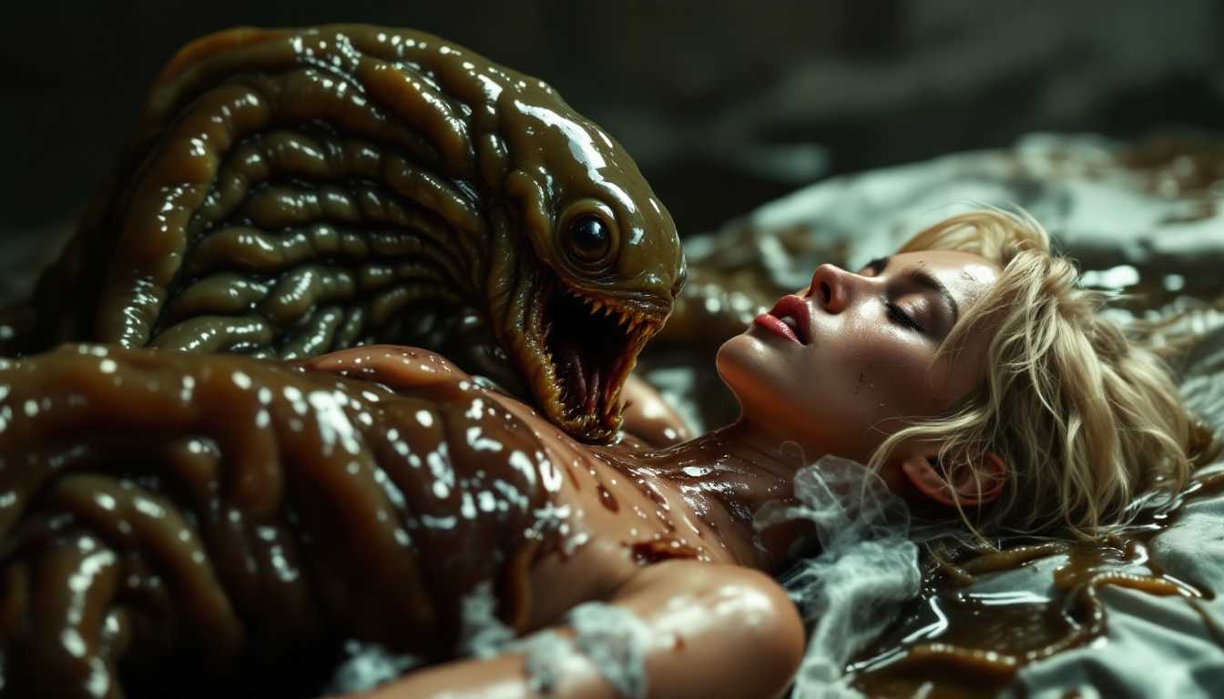 AI-generated image: IMG_4568.CR2, A stunning 8K masterpiece capturing a surreal and provocative scene. A slug monster wh