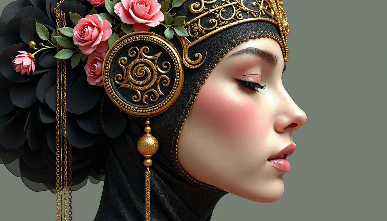 AI-generated image: This image is a closeup and detailed depiction of a figures profile, adorned with an elaborate and i