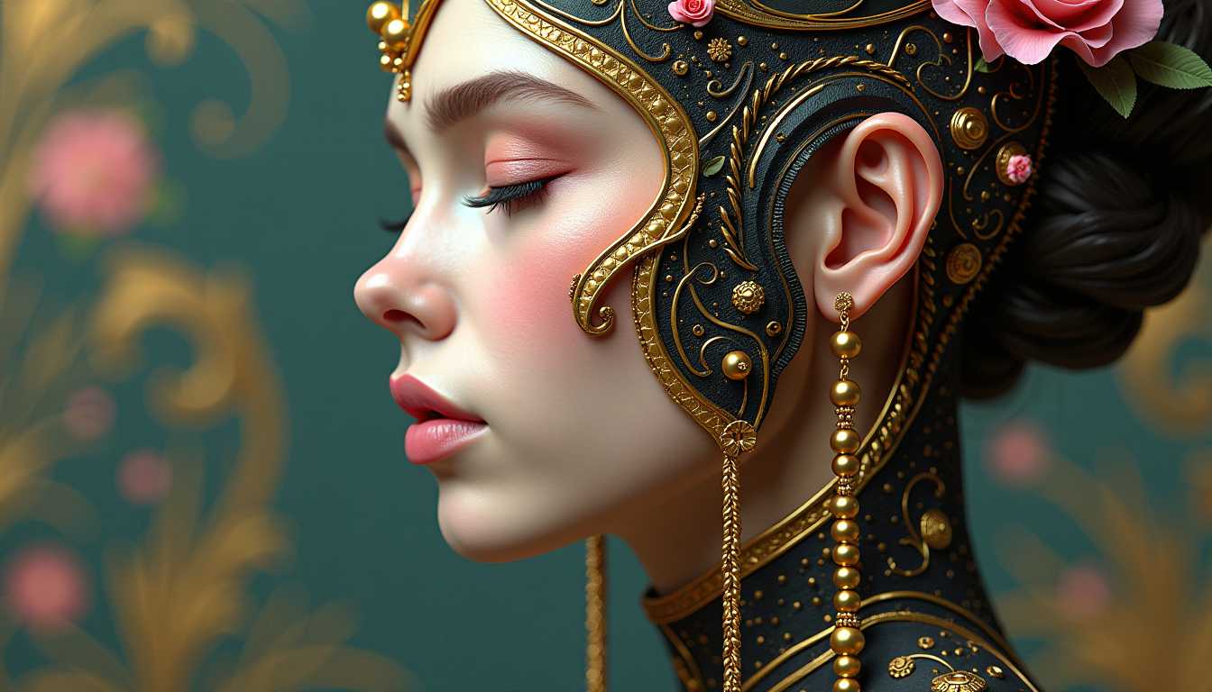 AI-generated image: This image is a closeup and detailed depiction of a figures profile, adorned with an elaborate and i