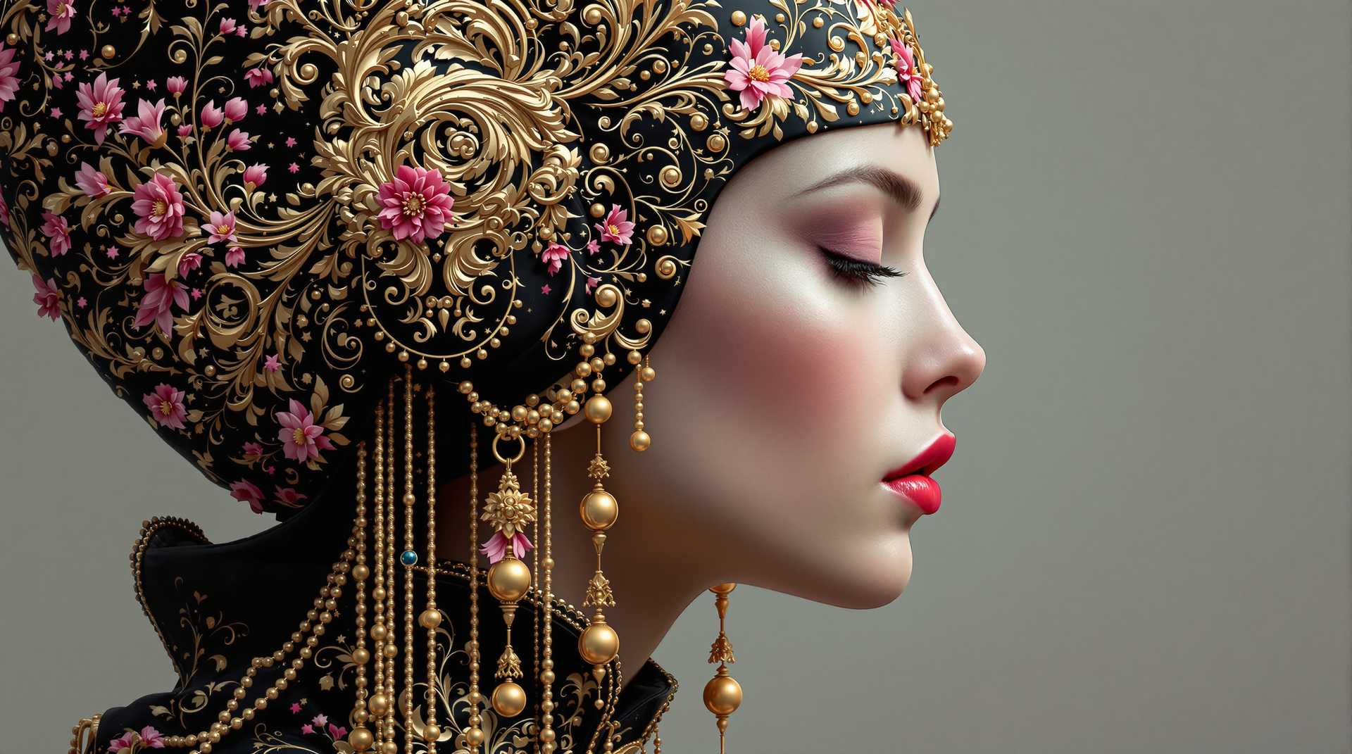 AI-generated image: This image is a closeup and detailed depiction of a figures profile, adorned with an elaborate and i