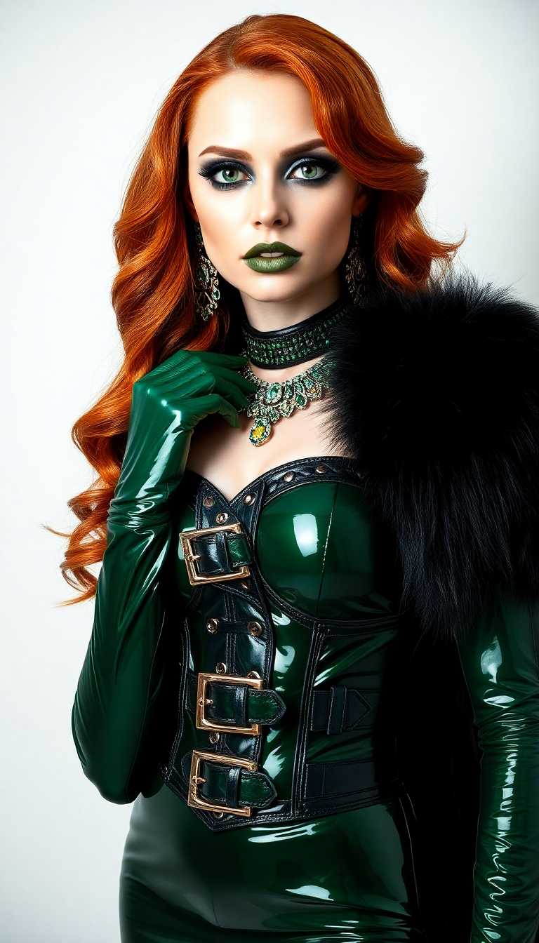 A striking portrait of a tall woman in her early 20s, with piercing emerald eyes that gleam with intensity, framed by heavy goth makeup featuring dramatic black eyeliner and smoky eyeshadow. Her shiny emerald lips stand out as a bold contrast against her pale complexion. Her thick, heavy red hair cascades past her shoulders in voluminous waves, catching the light with a fiery sheen. She wears emerald encrusted jewelry on her neck, wrists and ears. She is dressed in a stunning, shiny emerald green latex evening gown that hugs her figure, paired with a glossy emerald latex corset adorned with intricate straps and polished buckles, adding an edgy, rebellious flair. Her arms are clad in matching shiny emerald green latex gloves that extend to her elbows, reflecting subtle highlights. Draped over her shoulders is a luxurious, shiny black mink fur coat, its soft texture contrasting with the sleek latex. She stands confidently in a dimly lit Victorian-era parlour, surrounded by ornate, dark mahogany furniture, heavy velvet drapes in deep burgundy, and flickering candlelight casting warm, golden glows and long shadows across the room. The composition focuses on her as the central figure, captured from a slight low angle to emphasize her commanding presence, with the camera framing her against the intricate, vintage wallpaper of the parlour. The mood is dark, mysterious, and elegant, evoking a gothic romance aesthetic, with a haunting yet regal atmosphere reminiscent of a Tim Burton film or a 19th-century portrait painting. The lighting is soft and dramatic, with chiaroscuro effects highlighting the textures of the latex and fur, rendered in a cinematic, hyper-detailed style.