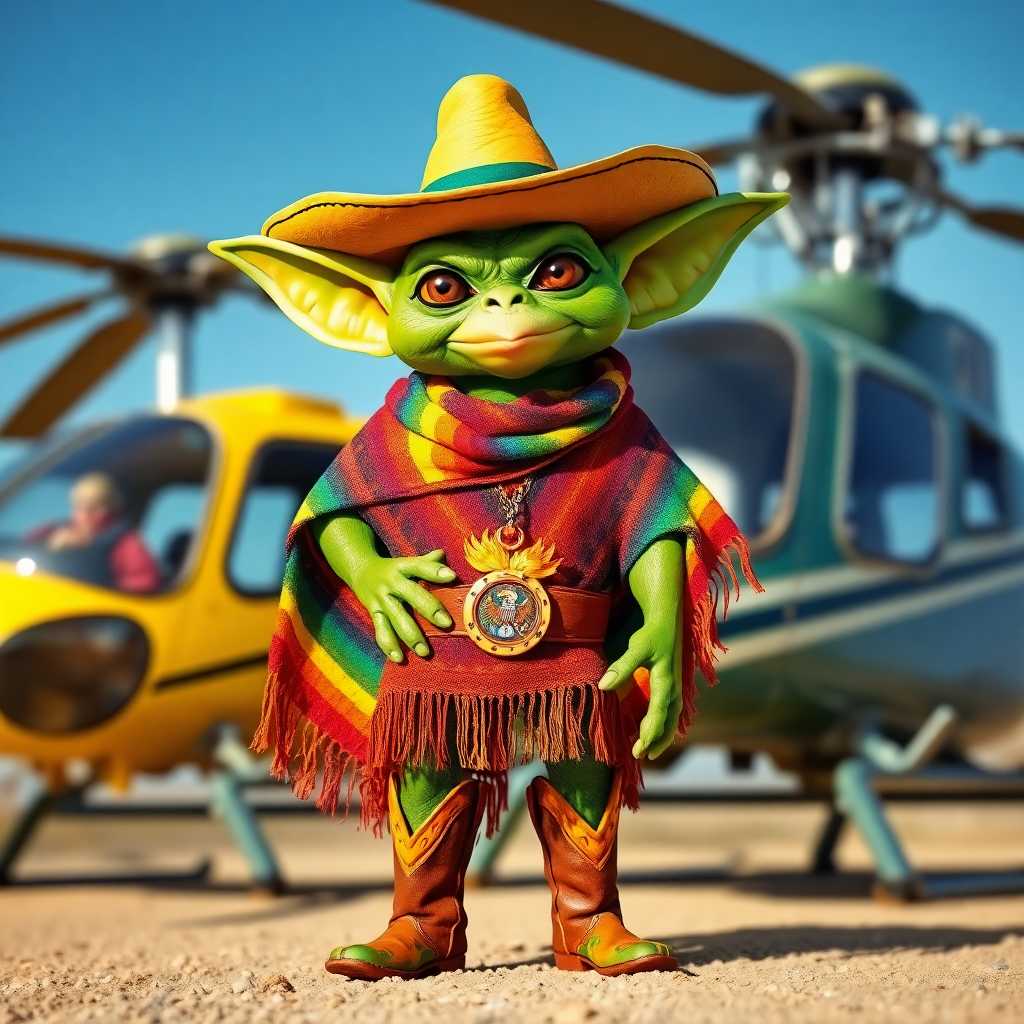 A stout, vibrant green gremlin with a mischievous grin, dressed in a Wild West outfit featuring a colorful, rainbow-patterned Mexican poncho adorned with intricate geometric designs, a wide-brimmed cowboy hat with a weathered leather texture, and rugged cowboy boots with silver spurs. The gremlin stands confidently with a slight swagger, one hand resting on its hip, beside a sleek, modern helicopter with a glossy black and chrome finish, reflecting the golden hues of a desert sunset. The scene is set in a vast, arid desert landscape with rolling sand dunes and sparse cacti under a dramatic, fiery orange and pink sky. The composition focuses on the gremlin in the foreground, slightly off-center, with the helicopter towering behind it, captured from a low-angle perspective to emphasize power and quirkiness. The style is a blend of whimsical fantasy and cinematic realism, with sharp, detailed textures and dynamic lighting casting long shadows across the sand, creating a playful yet adventurous mood. The atmosphere is warm and lively, evoking the spirit of a quirky Western adventure at dusk, with a touch of surreal humor.