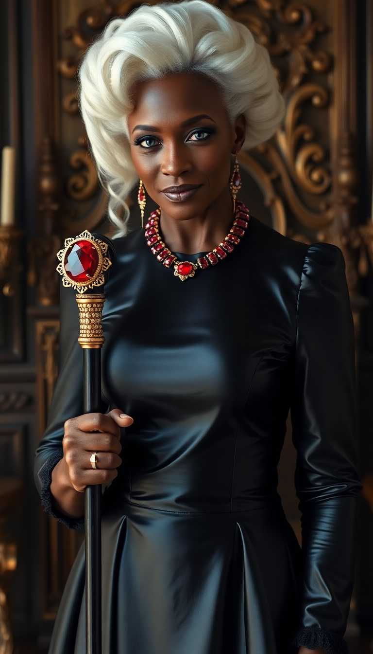 Dark skinned African American woman, mid 40s. Elegant white hair in a victorian style bun with ringlets framing her mature, beautiful face.  Blazing blue eyes. Dressed in a long victorian style shiny black latex dress. Full of petticoats and lace trimmings. Around her neck she wears elegant exotic ruby and gold jewelry and ruby and gold drop earrings. Standing in a throne room, really. As if she is the queen herself. In one hand she leans on an elegant cane with a large ruby on top