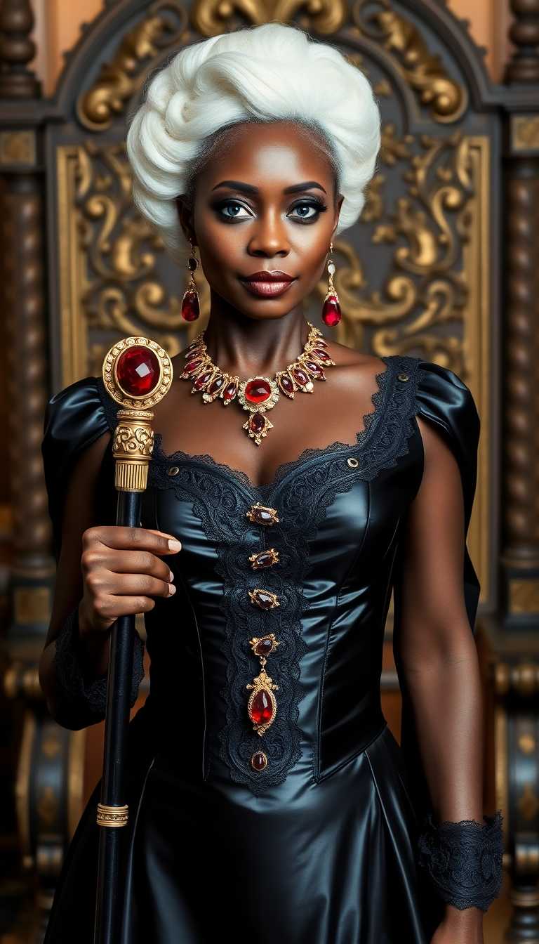 Dark skinned African American woman, mid 40s. Elegant white hair in a victorian style bun with ringlets framing her mature, beautiful face.  Blazing blue eyes. Dressed in a long victorian style shiny black latex dress and corset. Full of petticoats and lace trimmings. Around her neck she wears elegant exotic ruby and gold jewelry and ruby and gold drop earrings. Standing in a throne room, really. As if she is the queen herself. In one hand she leans on an elegant cane with a large ruby on top