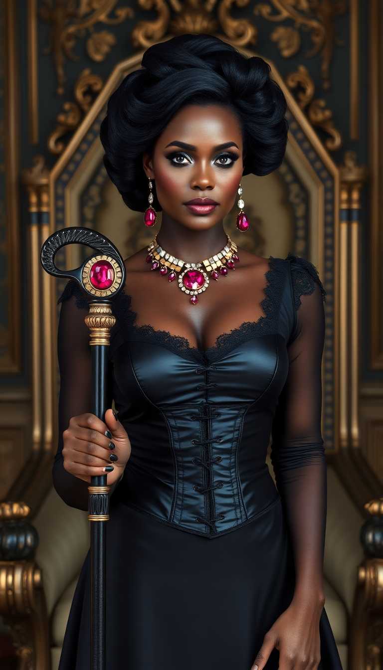 Dark skinned African American woman, mid 40s. Elegant shiny black hair in a victorian style bun with ringlets framing her mature, beautiful face.  Blazing blue eyes. Dressed in a long victorian style shiny black latex dress and corset. Full of petticoats and lace trimmings. Around her neck she wears elegant exotic ruby and gold jewelry and ruby and gold drop earrings. Standing in a throne room, really. As if she is the queen herself. In one hand she leans on an elegant cane with a large ruby on top