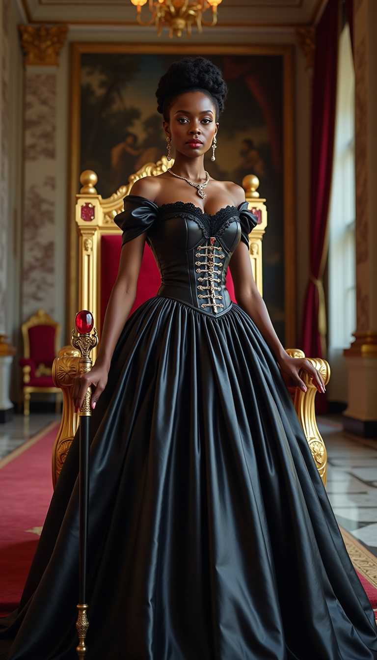 A regal dark-skinned African American woman in her mid-40s, exuding elegance and unyielding authority, stands as the commanding centerpiece of a grand throne room. Her mature, striking face features high cheekbones and a serene yet powerful expression, framed by glossy black hair styled in an elaborate Victorian bun with delicate ringlets and a large fall of midnight waves down her back. cascading softly around her features, accentuating her piercing, blazing blue eyes. Her lips and sharo claw like nails are painted a bold blood red, complemented by dark, dramatic makeup that enhances her commanding gaze. She is adorned in a long, shiny black latex Victorian-style gown, meticulously detailed with a tightly cinched corset decorated with tight straps and polished silver buckles, voluminous petticoats, and intricate lace trimmings that shimmer with every subtle movement. A luxurious ruby and gold necklace graces her neck, paired with matching ruby and gold drop earrings that glint in the light, while in her right hand, she confidently leans on an elegant cane topped with a large, glistening ruby—a potent symbol of her dominion and strength.

The throne room is a vision of opulence, with towering marble columns adorned with gilded accents, deep crimson velvet drapes framing tall arched windows, and a polished stone floor reflecting the soft, golden light of late afternoon. Intricate tapestries depicting royal lineage line the walls, their rich hues and fine details illuminated by the warm glow. At the heart of the composition stands an ornate golden throne with plush velvet cushions, while the woman is positioned slightly in front of it, her posture poised and commanding. The camera angle is slightly low, gazing upward to emphasize her towering presence and dominance, with balanced framing that captures both her refined elegance and the majestic grandeur of the surroundings.

The mood evokes power, sophistication, and timeless royalty, steeped in historical gravitas. The late afternoon light, diffused and warm, casts gentle highlights on the glossy texture of the latex dress and the sparkling facets of her jewelry, creating a mesmerizing interplay of shine and shadow. Rendered in the style of a Victorian-era oil painting, the scene comes to life with a rich, deep color palette of crimson, gold, and ebony, showcasing meticulous attention to detail in the intricate folds of fabric, the reflective sheen of latex, and the polished surfaces of marble and gold. Soft chiaroscuro lighting enhances the depth and drama, casting subtle shadows that sculpt her form and the surrounding architecture, crafting a captivating portrait of regal authority.