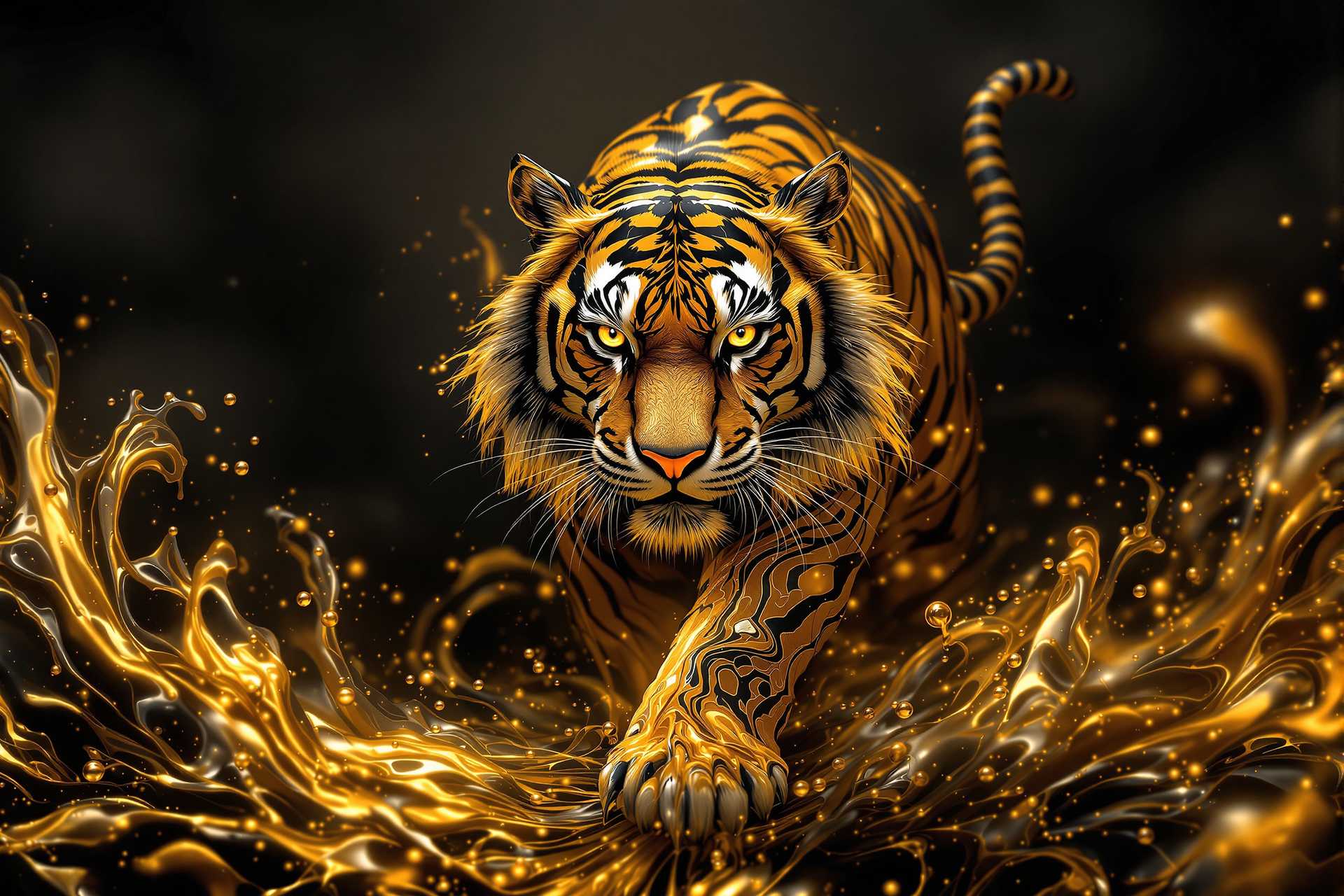 A majestic Bengal tiger, crafted entirely from black and gold liquid with intricate golden swirls, emerges powerfully against a dark, mysterious background. This hyper-realistic scene is rendered with extraordinary detail in the style of a 32K digital oil painting, featuring rich oil painting textures and effects, enhanced by volumetric lighting that highlights every fluid contour. Created with the precision of an Octane render, the image captures a cinematic depth and luminous intensity.