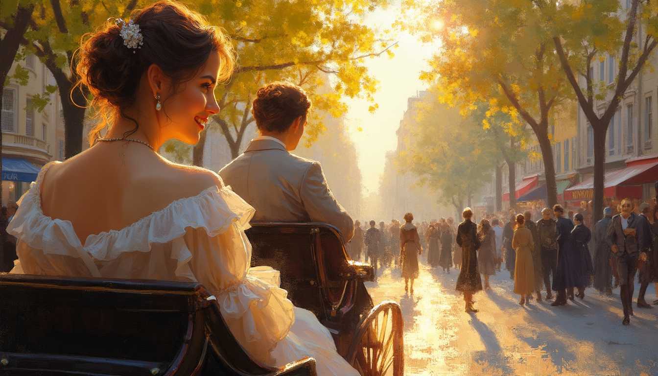 A captivating digital painting in the style of Impressionism, portraying a bustling Parisian street at golden hour, with soft, dappled sunlight filtering through trees and casting warm, glowing patterns. The scene centers on a closeup of an elegantly dressed woman smiling from a horse-drawn carriage, captured with visible brushstrokes, vibrant yet pastel tones, and a sense of fleeting movement. Textured canvas effects enhance the timeless charm of 19th-century France, evoking depth and emotion.