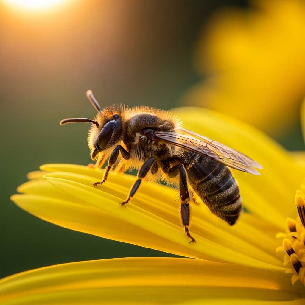 A stunning macro photograph of a small bee, captured in exquisite detail with a 100mm macro lens, showcasing intricate textures of its fuzzy body and translucent wings. The bee is perched on a vibrant flower petal, surrounded by soft bokeh of a lush garden background under golden hour lighting. The image features a shallow depth of field, vivid colors, and 8K resolution for hyper-realistic clarity.